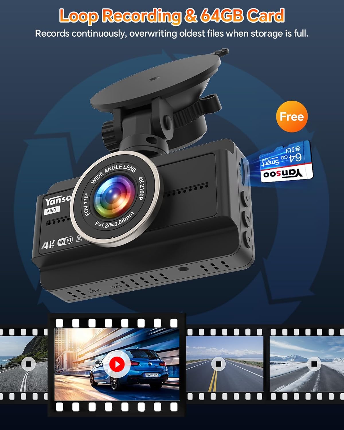 Dash Cam Front and Rear, 4K Full HD Dual Dash Camera for Cars, Free 64GB Card Included, Built-in 5G WiFi & GPS, Car Camera Dashcams for Cars with Night Vision, Parking Monitor, WDR, Emergency Lock