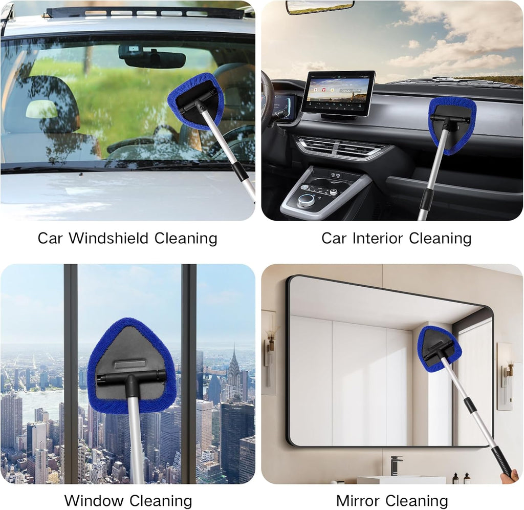 11pcs Windshield Cleaner Tool, Car Window Cleaning Wash Kit with 6 Reusable Microfiber Pads 2 Spray Bottles and Extendable Handles Auto Glass Wiper Kit, Blue