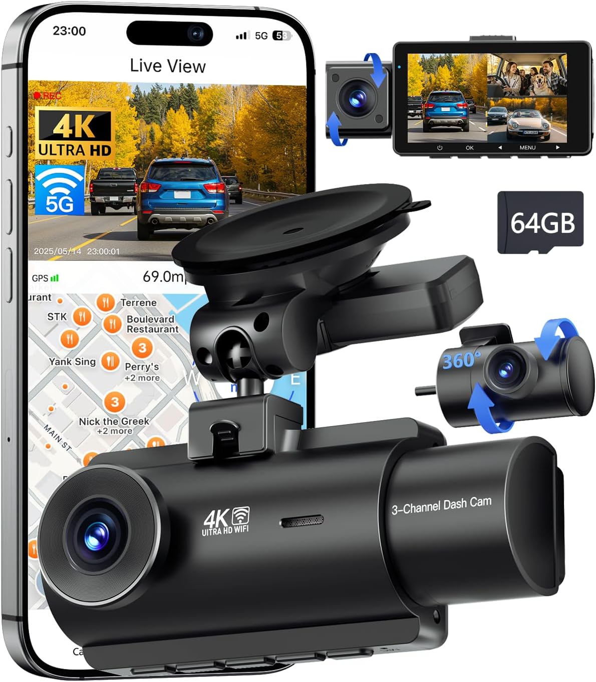 QCONTROL® 4K 5G WiFi 3 Channel Dash Cam Front and Rear Inside, 4K+1080P+1080P Dash Camera for Cars, GPS Dashcam, Car Camera with 3-Inch Screen, IR Night Vision, 24Hr Parking Mode, G-Sensor, 64GB Card