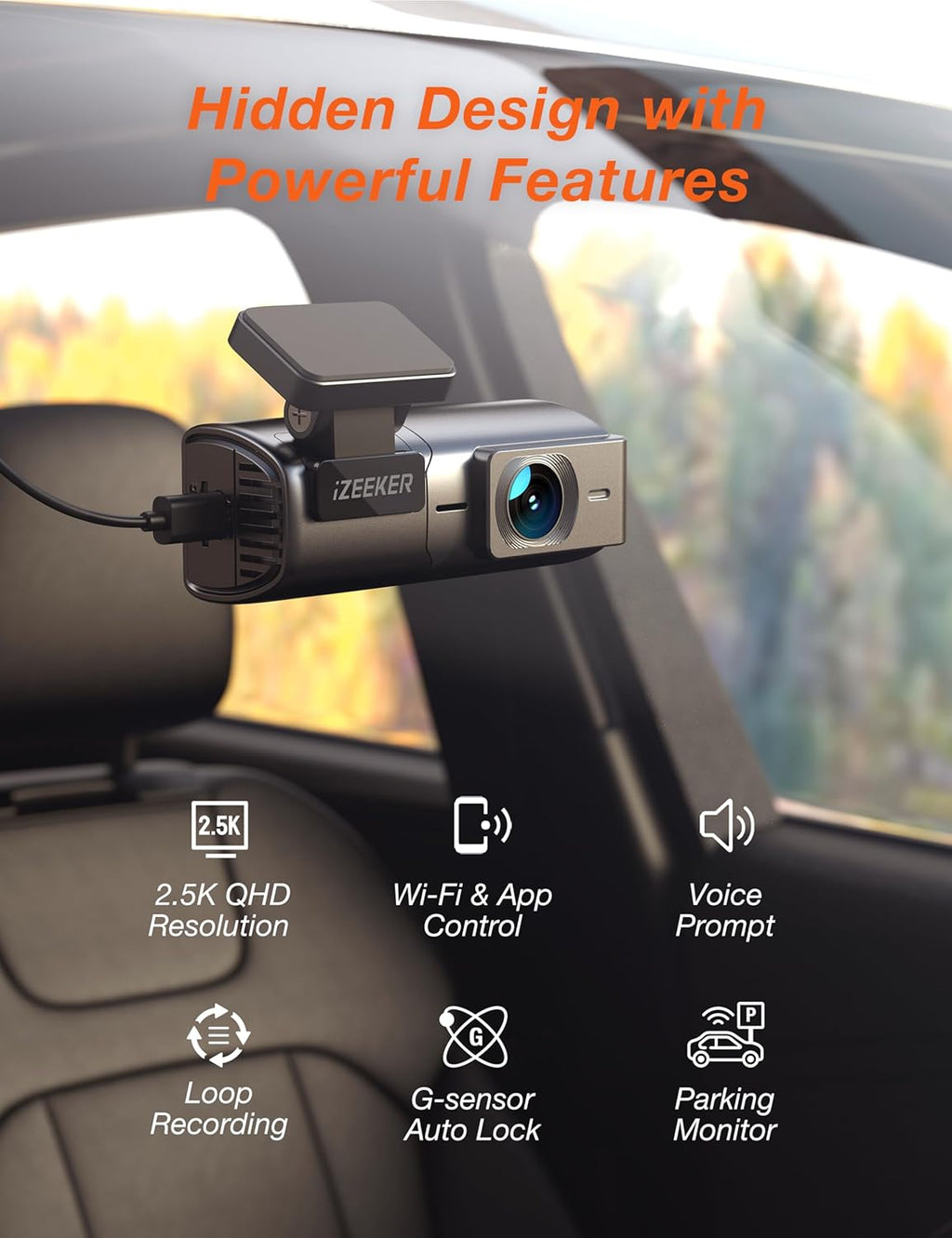 iZEEKER 2.5K Dash Cam WiFi Dash Camera for Cars, Mini Car Camera 1440P Front Dashcams with App, Free 32GB Card, Night Vision, WDR, G-Sensor, Loop Recording, 24H Parking Mode Supports