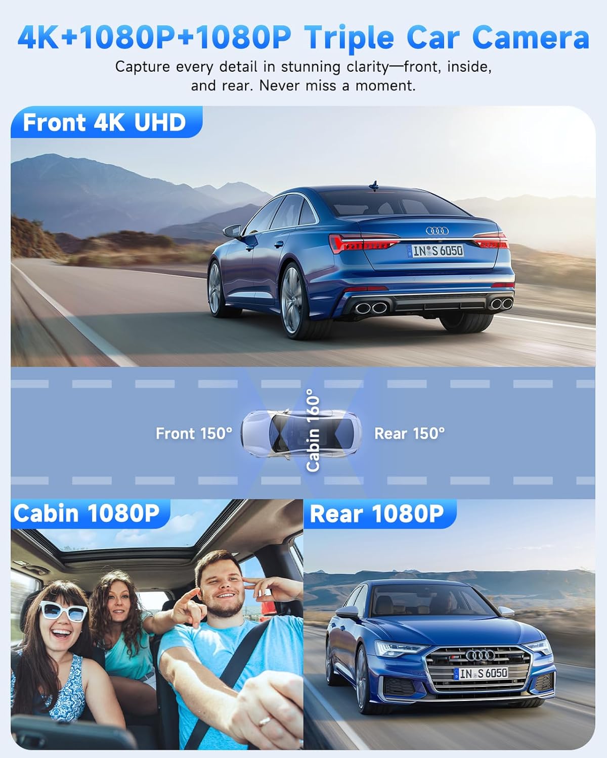 SARMERT 4K 3 Channel Dash Cam, Dash Cam Front and Rear C3, Free 64GB Card, 4K+1080P+1080P Dashcam, G-Sensor, WDR, APP, 5G WiFi, Night Vision, 24H Parking Monitor