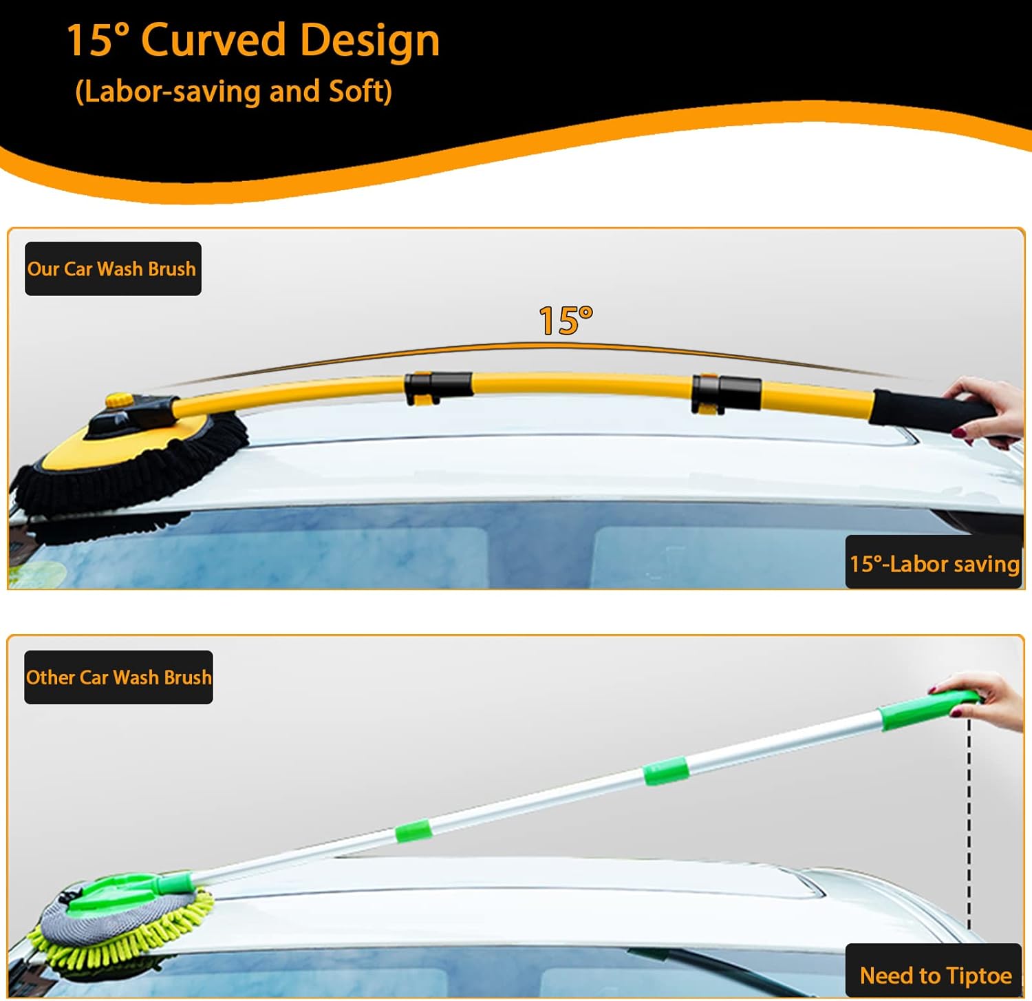 15° Curved Car Cleaning Brush with Telescopic Handle 43" Aluminum Alloy Long Rod Wash Mop For Washing Caravan Van Truck Boat RV Roof Soft Chenille Head Duster Clean Product Not Hurt Paint Scratch Free