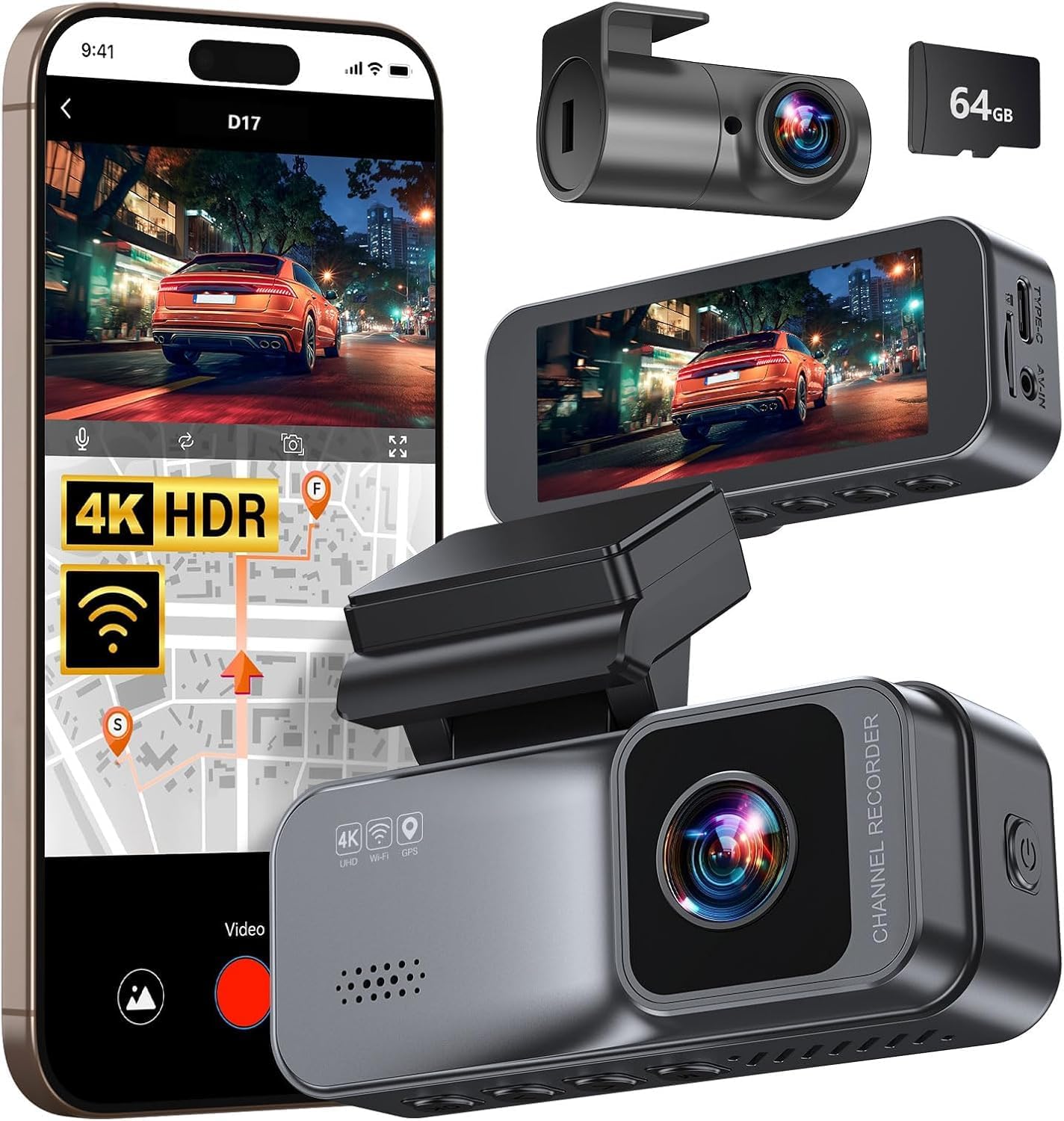 Dashcam Pro 4k with Front and Rear Camera, GPS, Free 64GB Card, Dashcam with Parking Monitoring, 170° Wide Angle, Night Vsion & Parking Mode