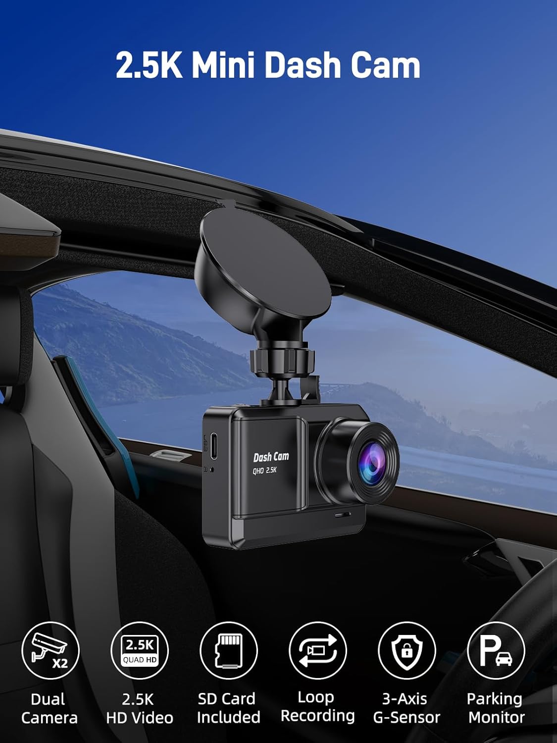 2.5K+1080P Mini Dash Cam Front and Rear, Dash Camera for Cars with 32GB SD Card, 2.45 inch IPS Screen, 2 Mounting Ways, Night Vision, WDR, G-Sensor Lock, Loop Recording, Parking Monitor, Black