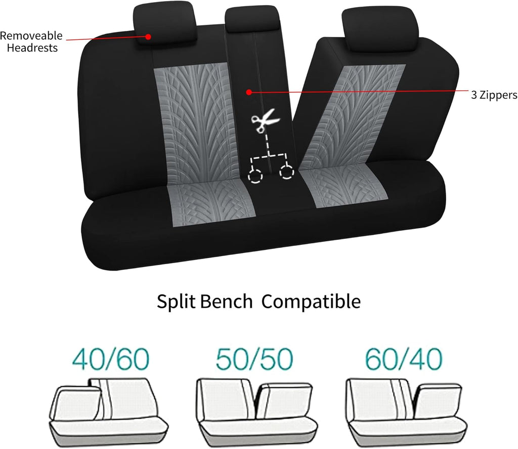 VarCozy Car Seat Covers Full Set, Front & Split Rear Bench for Car, Universal Cloth SUV, Sedan, Van, Automotive Interior Covers, Airbag Compatible, Black&Grey (VC-01-B1)