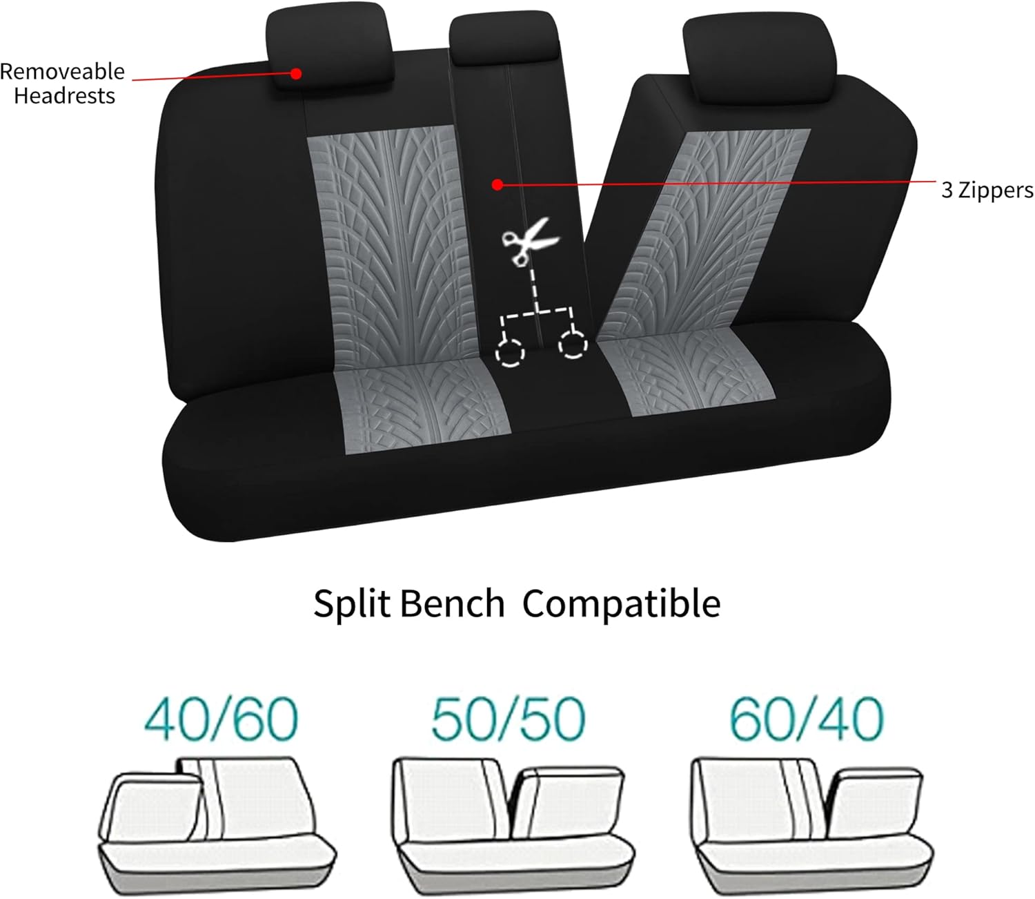 VarCozy Car Seat Covers Full Set, Front & Split Rear Bench for Car, Universal Cloth SUV, Sedan, Van, Automotive Interior Covers, Airbag Compatible, Black&Grey (VC-01-B1)