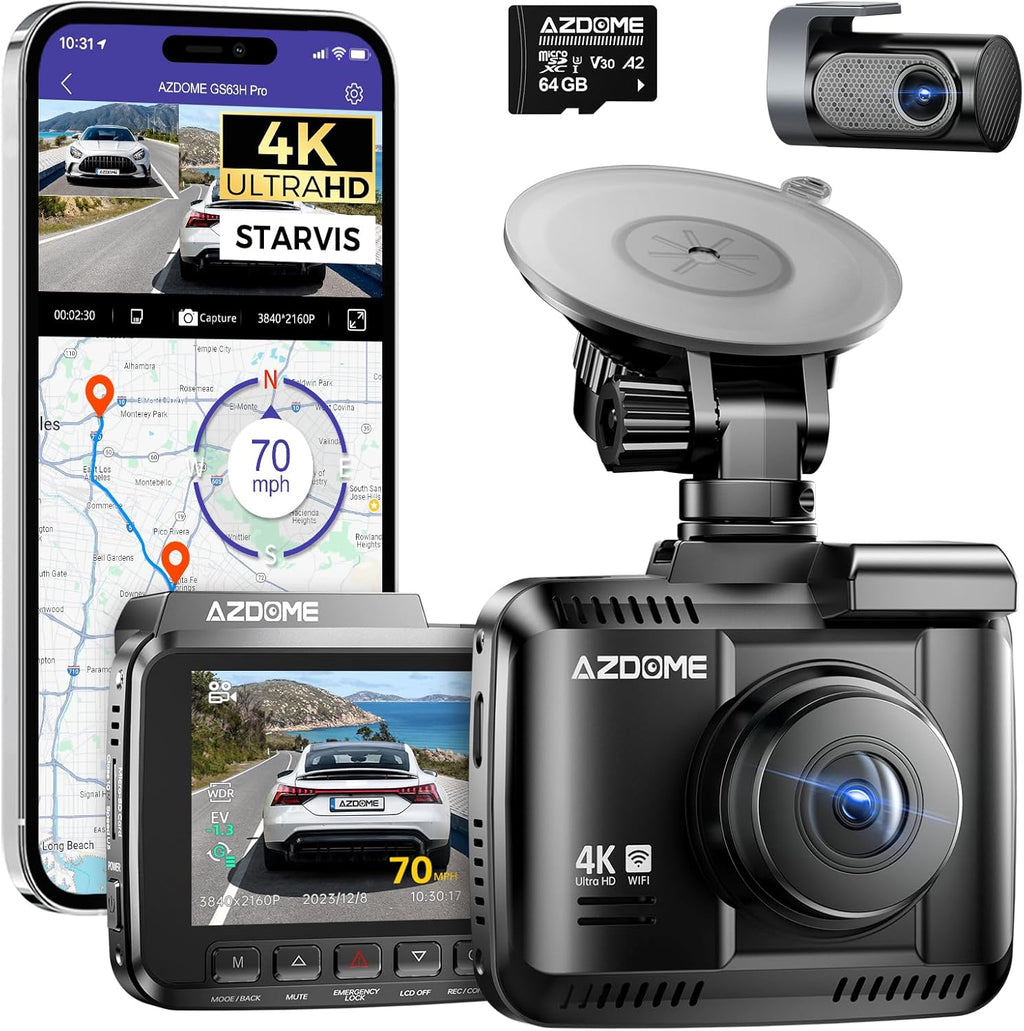 AZDOME 4K Dash Cam Front and Rear, STARVIS Night Vision, UHD 2160P WiFi Dash Camera for Cars with GPS, Included 64GB Card, 2.4" IPS Screen Dashcam, 170°Wide Angle, WDR, 24H Parking Mode (GS63H Pro)