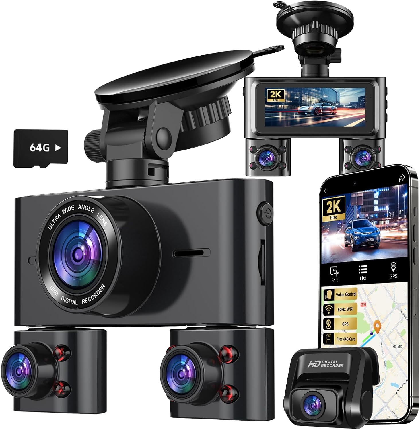 Dash Cam 360°, 4 Channel Camera for Cars Front and Rear Inside, 2K FHD Mini Dashcam, 5G WiFi, GPS, with 64G Card, Voice Control, WDR, HDR, Night Vision, 24/7 Parking Mode(Upgraded Version V7PLUS)