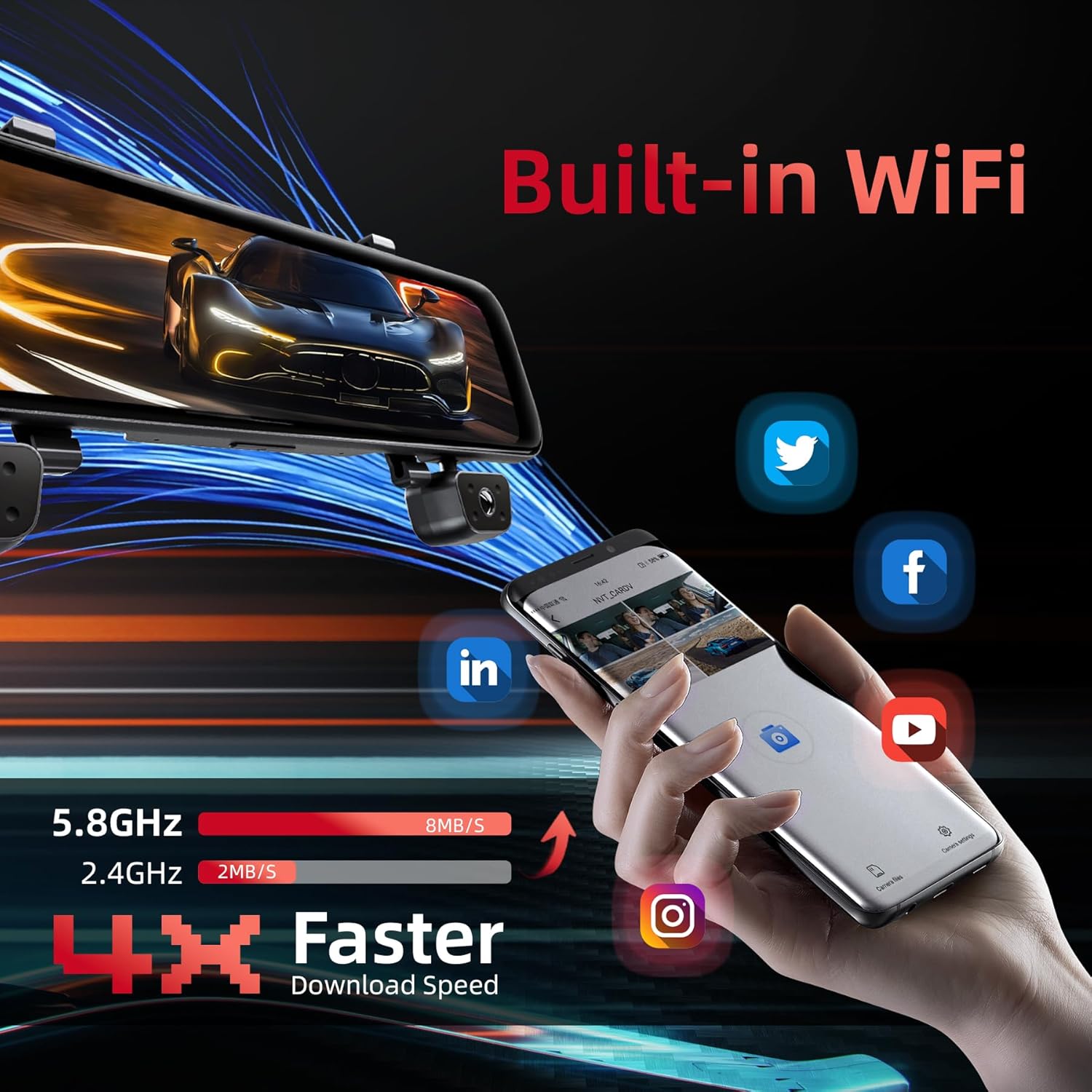 2025 12'' Mirror Dash Cam 4 Channel, 360 Vital Dashcam Front Rear Inside, 1080Px4 Rear View Backup Mirror Camera for Cars, IR Night Vision,WiFi,APP,GPS, 24/7 Recording Parking Monitor,Free 128GB SD