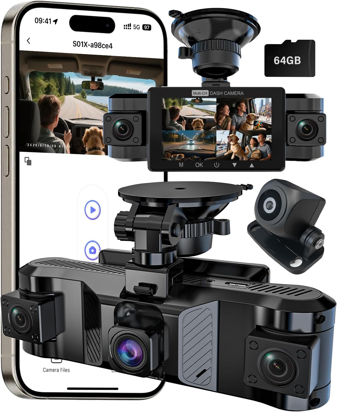 4 Channel Dash Cam Front and Rear Inside Left Right, 360 Degree View Dash Camera for Cars, 1080P Dashcam, 5G WiFi Car Camera with Night Vision, 24/7 Parking Monitor, G-Sensor, Free 64GB Card