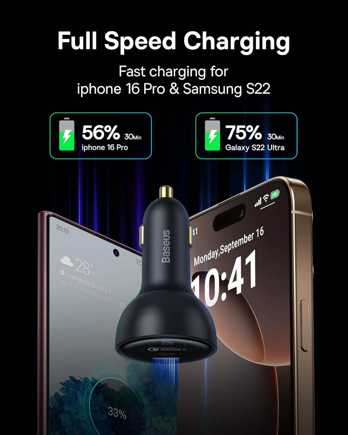 160W USB C Car Charger, Baseus Type C Car Charger, QC5.0 PD3.0 PPS 3 Ports Super Fast Charging Car Phone Charger Adapter for iPhone 15 14 13 Pro, Samsung S22 iPad MacBook Pro