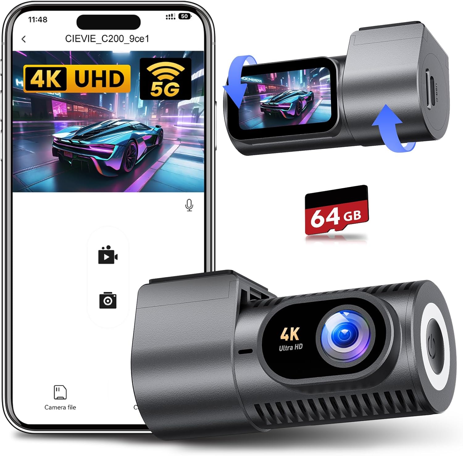 Dash Cam Front 4K - 1.5" IPS Display & 5G WiFi & 64G Card, 360° Rotation Mini Dashcam, Car Camera with WDR Night Vision, 24H Parking Mode, G-Sensor, Loop Recording,170° Angle, Dash Camera for Cars