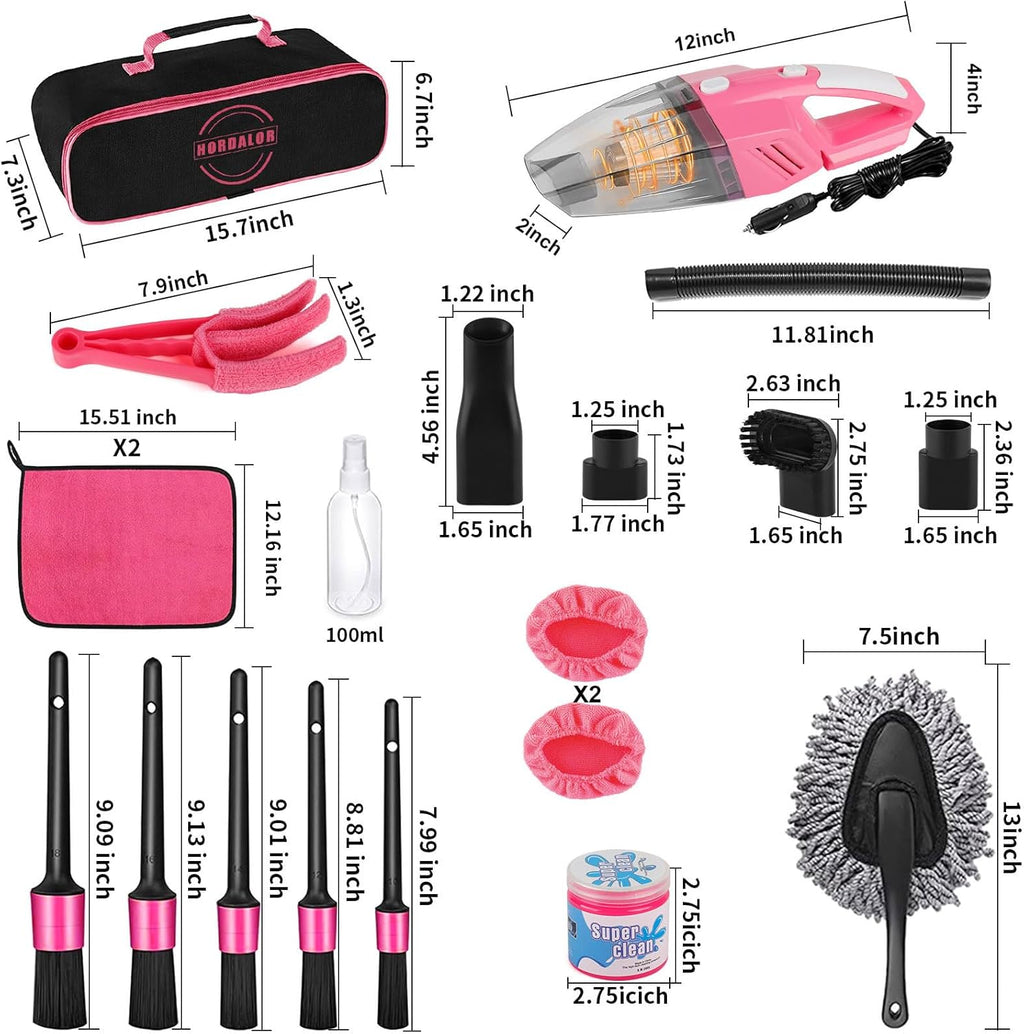 Pink Car Interior Detailing Kit, 16Pcs Car Cleaning Kit with High Power Handheld Vacuum, Detailing Brush Set, Cleaning Gel, Windshield Cleaning Tool, Complete Car Cleaning Supplies for Women