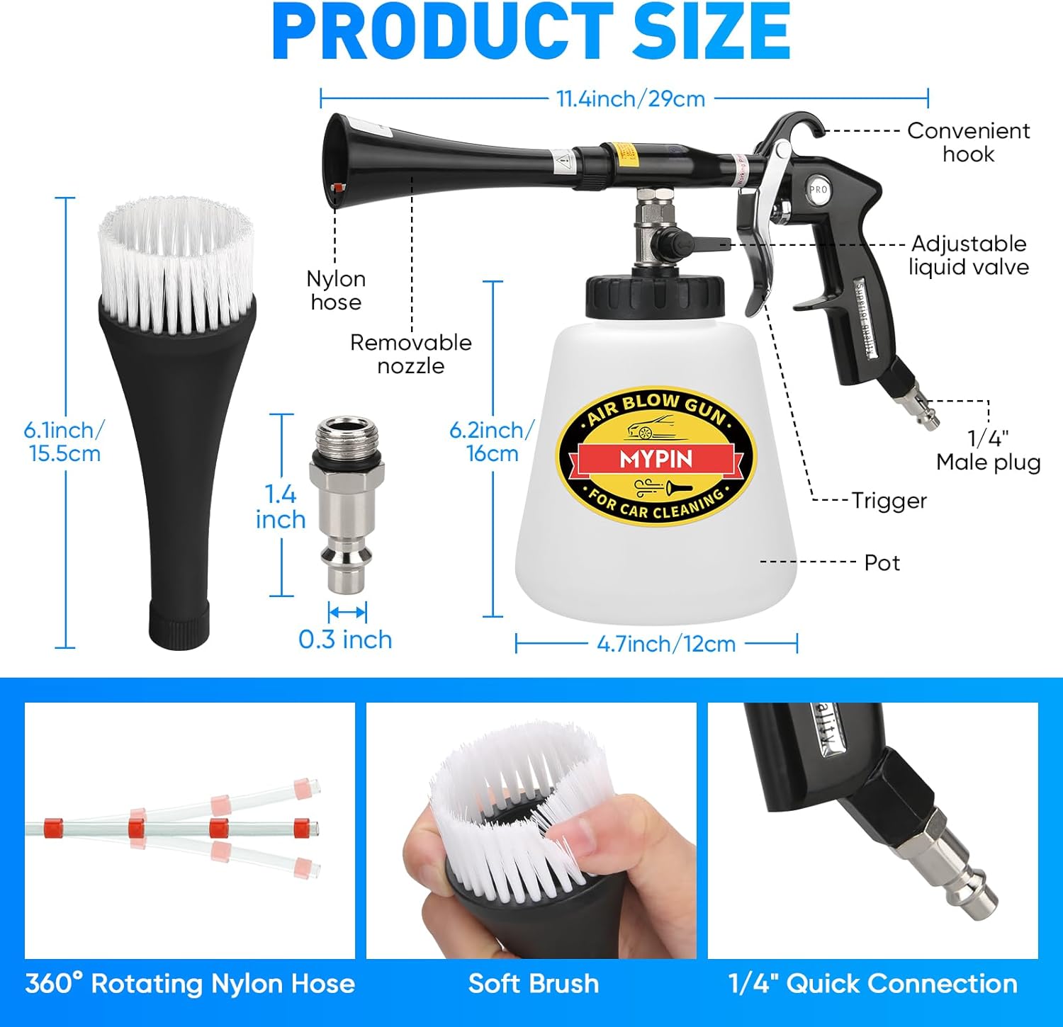 MYPIN Car Cleaning Gun Kit, 6-9.2Bar, High Pressure Air Blow Gun with 2 Set Nozzle, Interior Car Cleaning for Vehicle Upholstery Carpet Seat