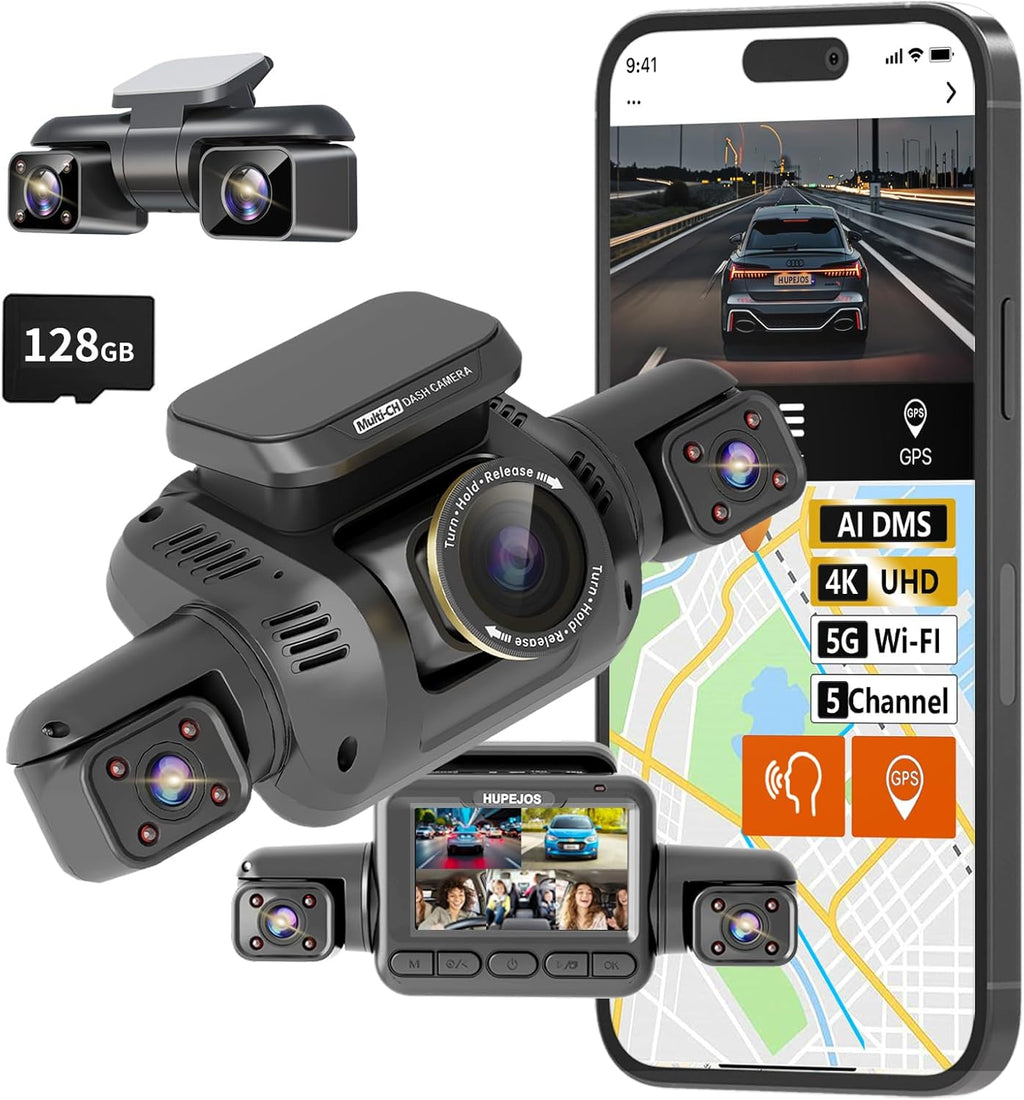 360° View 5 Channel Dash Cam Front and Rear with AI Driver Monitor System DMS, 4K Dash Camera for Cars, Built-in GPS WiFi Night Vision, Dashcam with 128G Card, 24/7 Parking Monitor Mode, V8 Ultra-5CH