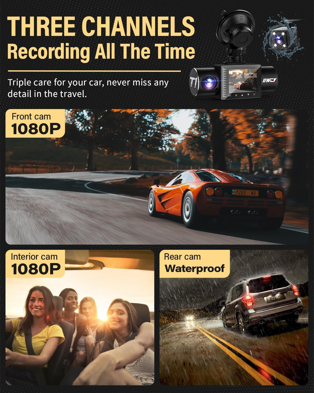 iiwey Dash Cam Front Rear and Inside 1080P Three Channels with IR Night Vision Car Camera SD Card Included Dashboard Camera Dashcam for Cars HDR Motion Detection and G-Sensor for Car, Taxi, Uber