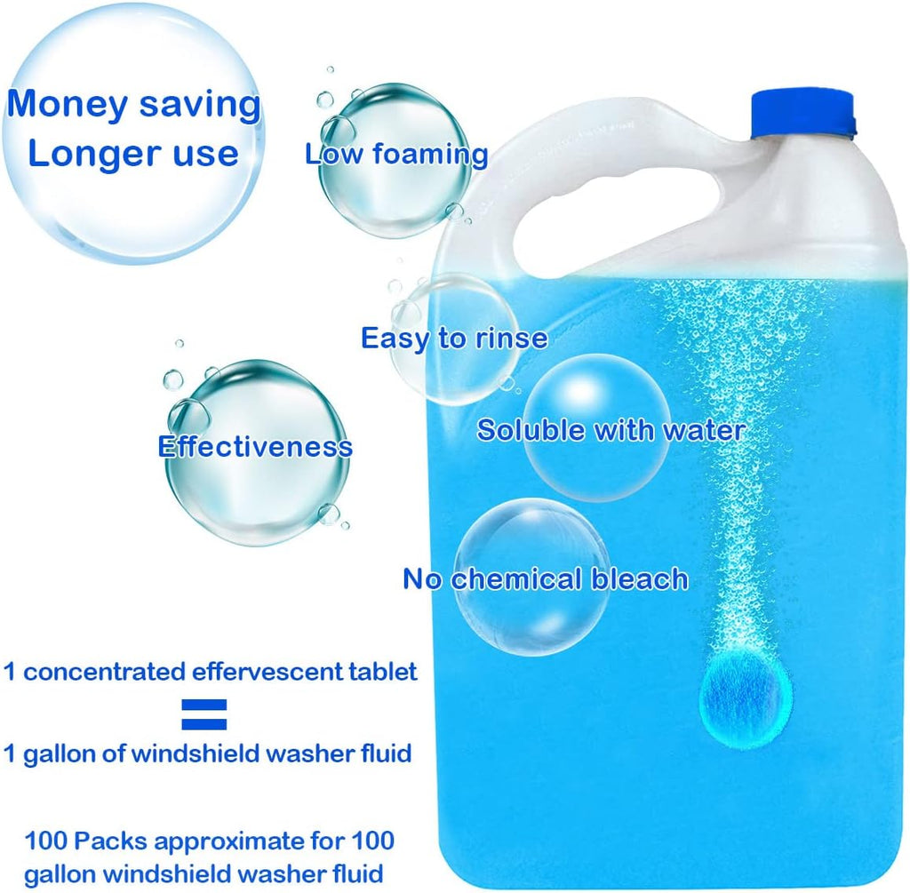 100 Pieces Car windshield washer fluid Concentrated Clean Tablets,New Formula windshield wiper fluid Solid Effervescent Tablet.Remove glass stains,Clear vision(Use With De-icer or Methanol for Winter)