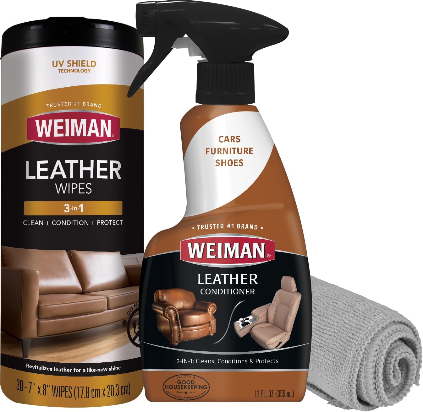 Weiman Leather Cleaner and Conditioner for Furniture - Cleans Conditions and Restores Leather Surfaces - UV Protectants Help Prevent Cracking or Fading of Leather Car Seats, Shoes, Purses