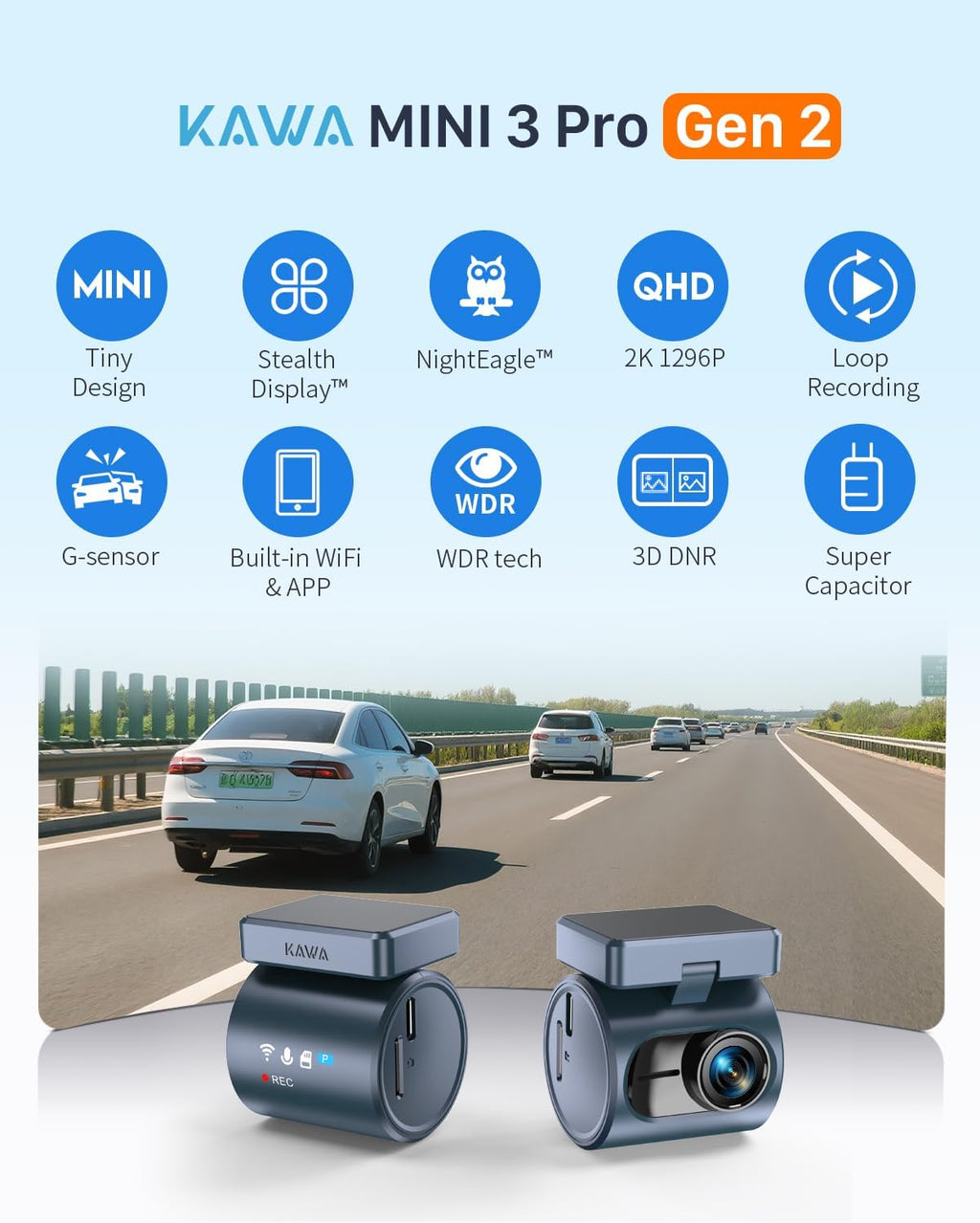 KAWA 2K Dash Cam for Cars with Voice Control - Stealth Display Tiny Dashcam Front Included 32GB Micro SD Card, Super Night Vision, 1296P QHD, G-Sensor, Built in WiFi & App Car Camera