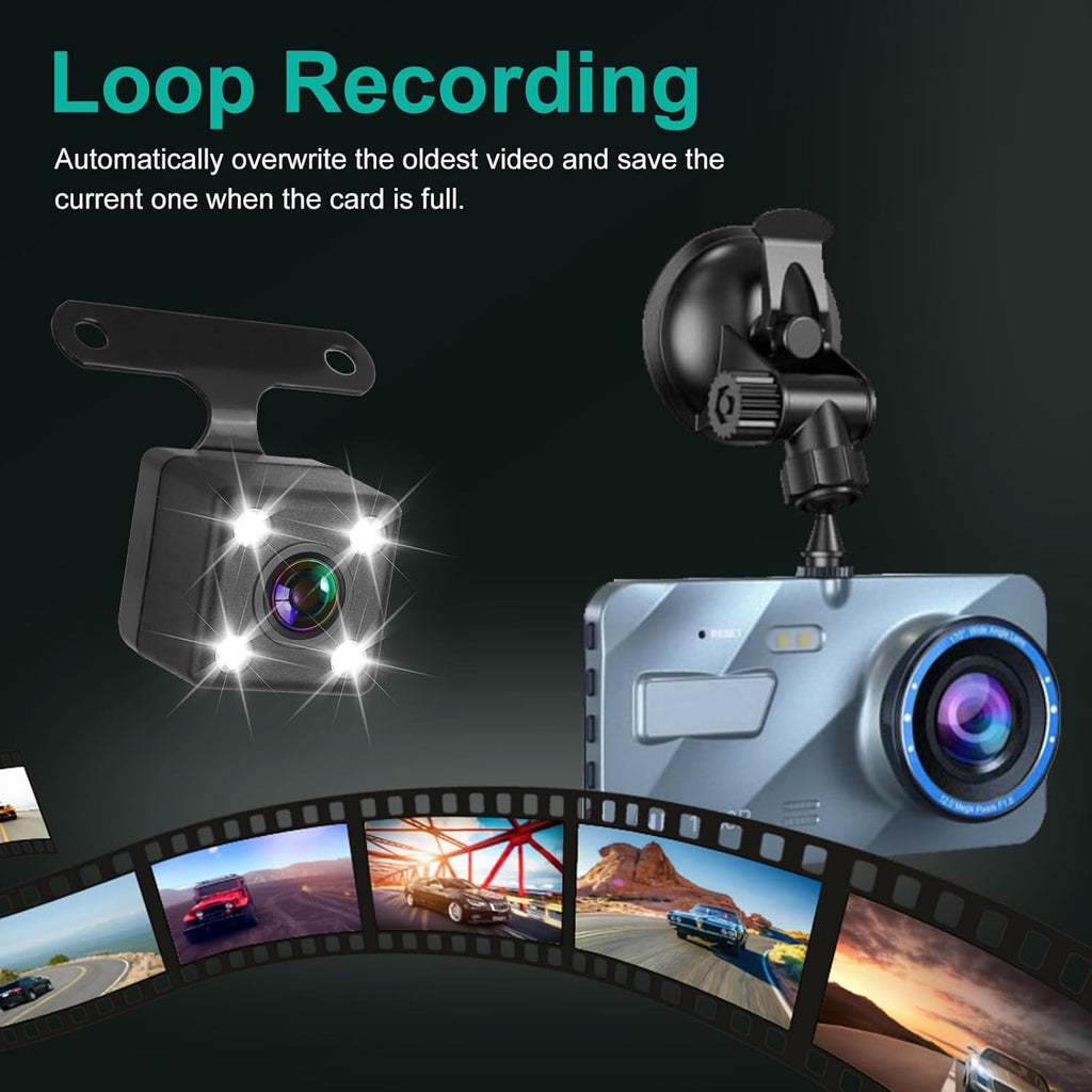 Dash Cam Front and Rear, 720P FHD Dual Dash Cam Front Rear Car DVR Dash Camera with 4-inch HD Display, Car Dashcam Video Recorder with Night Vision,G-Sensor,Loop Recording,HDR Motion Detection