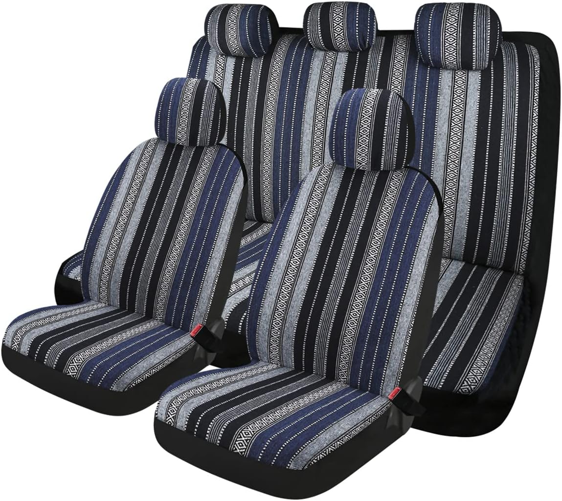 PONYJOYUP Baja Saddle Blanket Car Seat Covers 9PCS Full Set, Breathable and Washable Striped Woven Automotive Vehicle Seat Cover, Universal Seat Cover for Sedan, SUV, Truck, Airbag Compatible