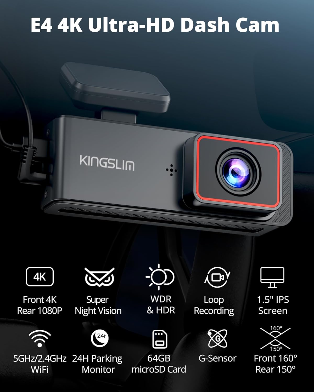 Kingslim 4K Dash Cam Front and Rear, Front 4K Rear 1080P Dual Dash Camera for Cars, Mini Dashcam with 64GB Card, APP Control, Night Vision, G-Sensor, Loop Recording, Parking Mode