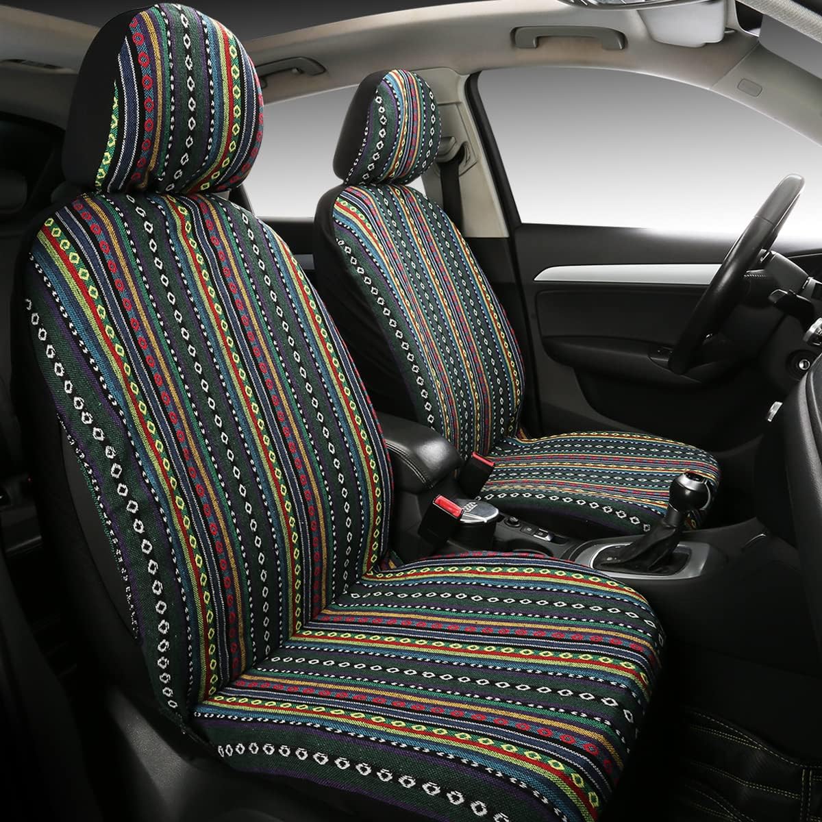 PONYJOYUP Baja Saddle Blanket Car Seat Covers 9PCS Full Set, Breathable and Washable Striped Woven Automotive Vehicle Seat Cover, Universal Seat Cover for Sedan, SUV, Truck, Airbag Compatible