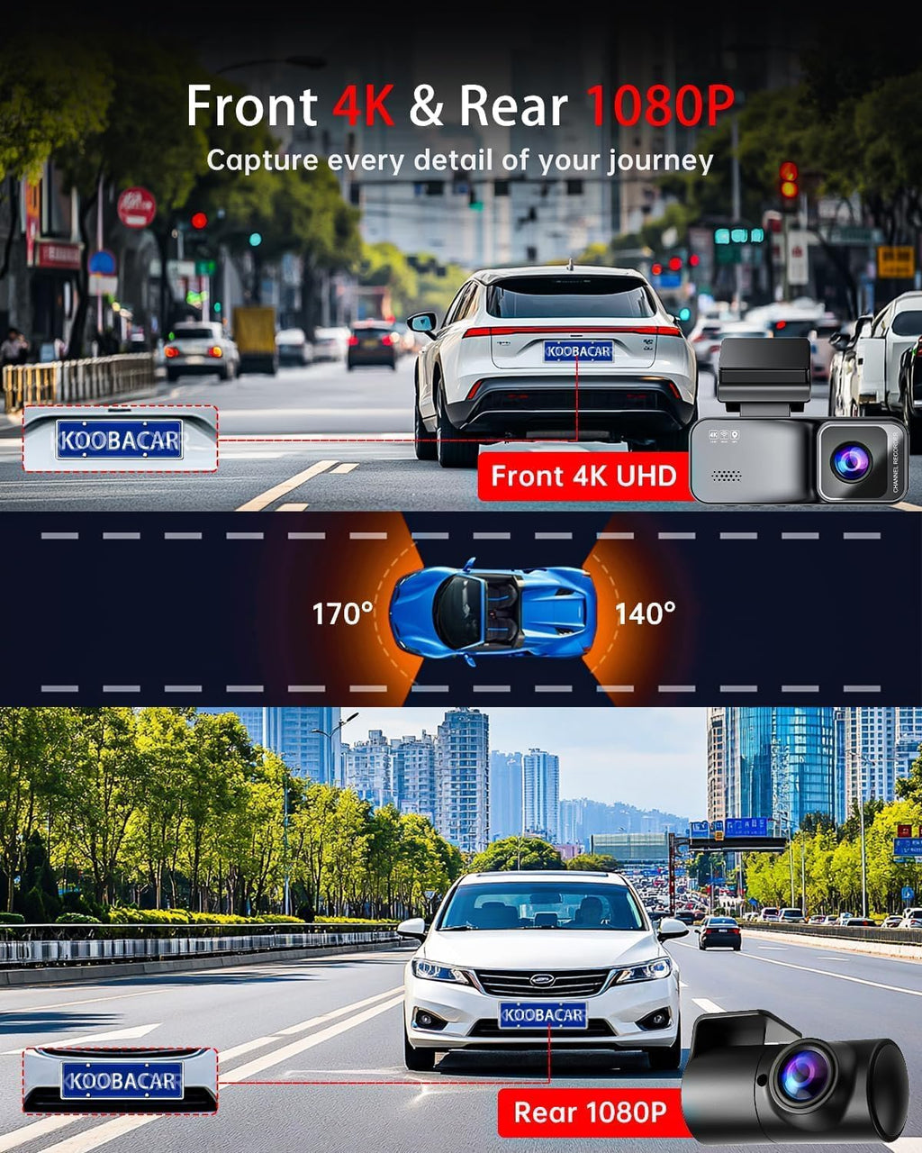 Dashcam Pro 4k with Front and Rear Camera, GPS, Free 64GB Card, Dashcam with Parking Monitoring, 170° Wide Angle, Night Vsion & Parking Mode