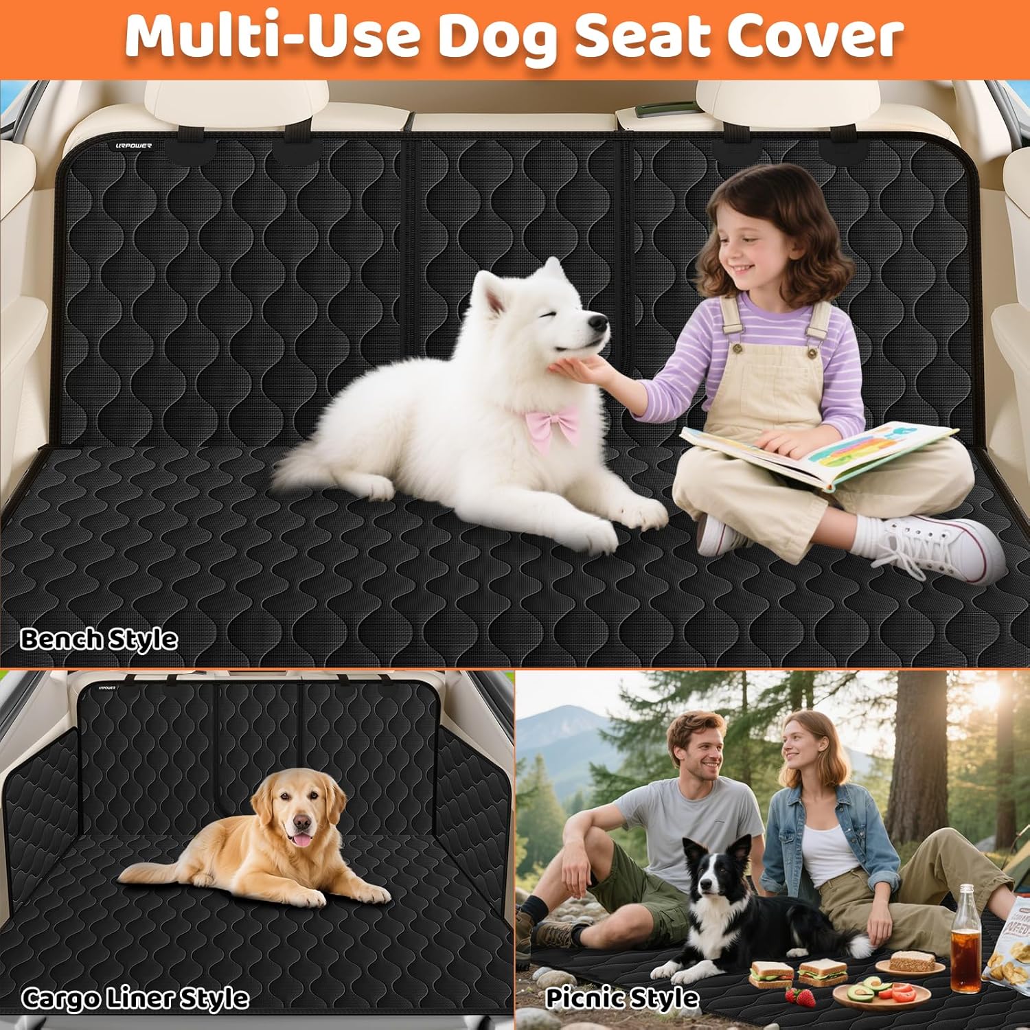URPOWER Dog Car Seat Cover for Back Seat - Waterproof Bench Seat Cover Fits Middle Armrest for Cars, SUVs & Small Trucks, Nonslip Backseat Dog Covers Rear Seat Protector for Pets and Child
