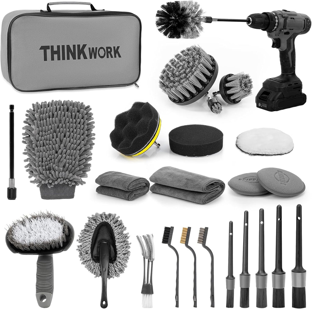 THINKWORK Car Detailing Kit, Car Detailing Brush Set, Car Cleaning Drill Brush Kit with Extension Pole, Professional Auto Detailing Supplies for Automobile Interior Exterior Wheels