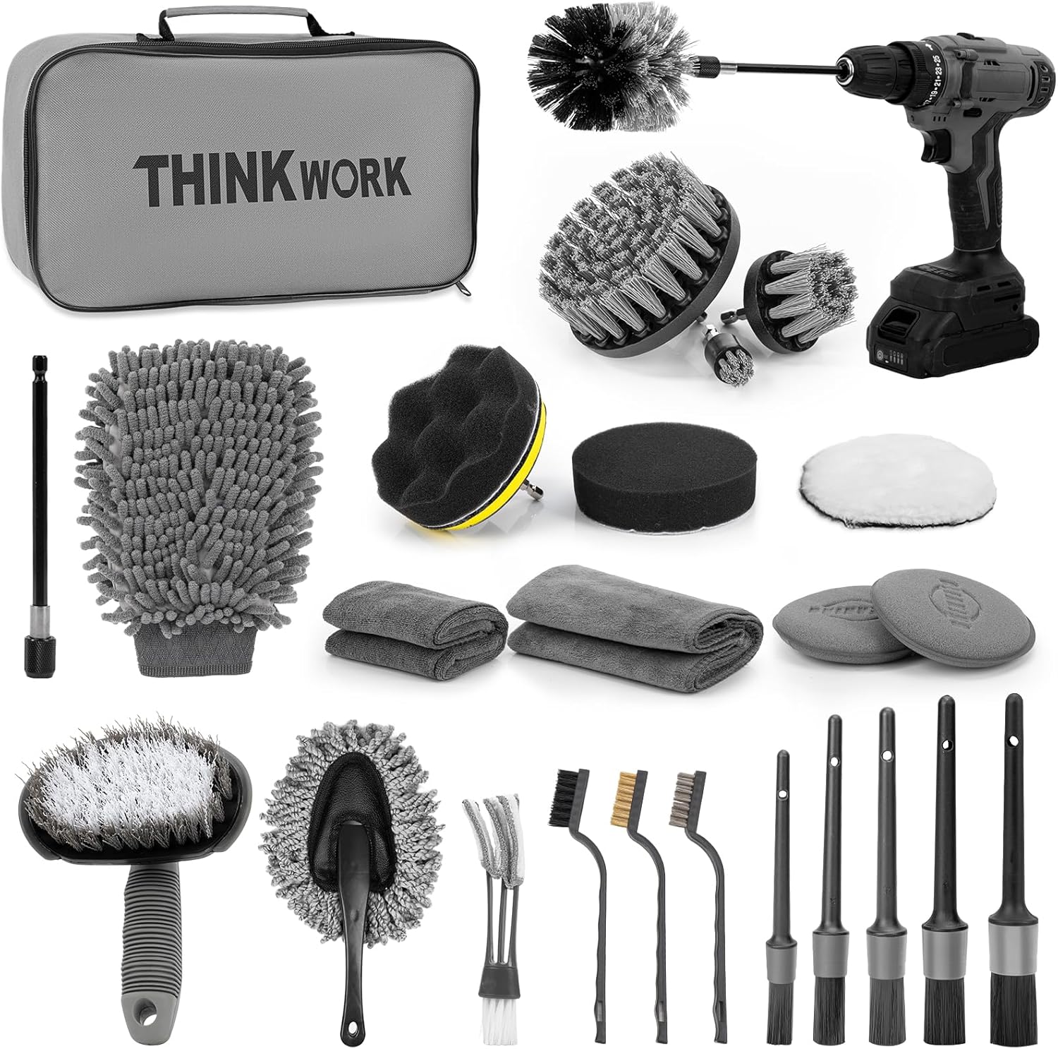 THINKWORK Car Detailing Kit, Car Detailing Brush Set, Car Cleaning Drill Brush Kit with Extension Pole, Professional Auto Detailing Supplies for Automobile Interior Exterior Wheels