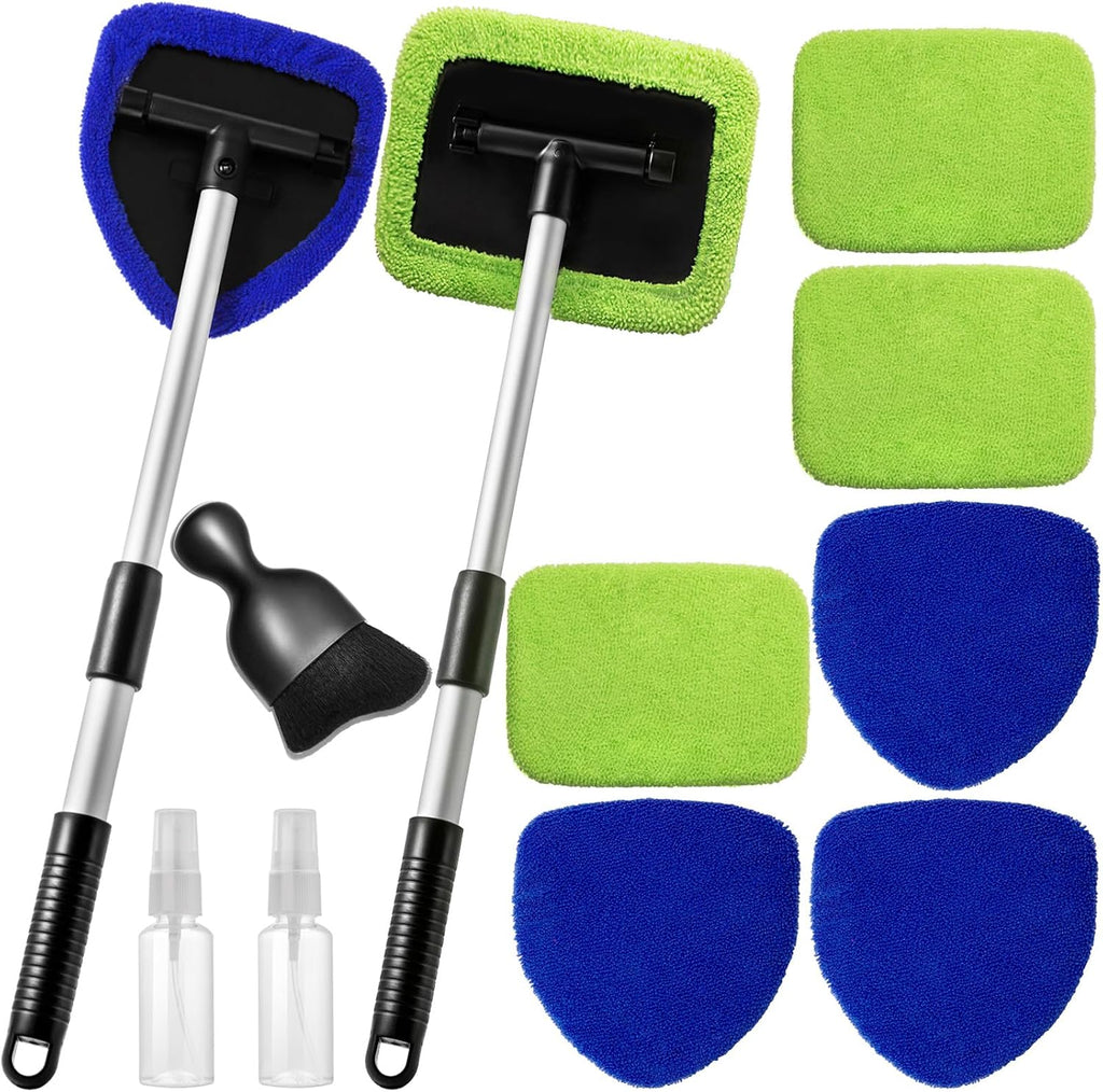 11pcs Windshield Cleaner Tool, Car Window Cleaning Wash Kit with 6 Reusable Microfiber Pads 2 Spray Bottles and Extendable Handles Auto Glass Wiper Kit, Blue