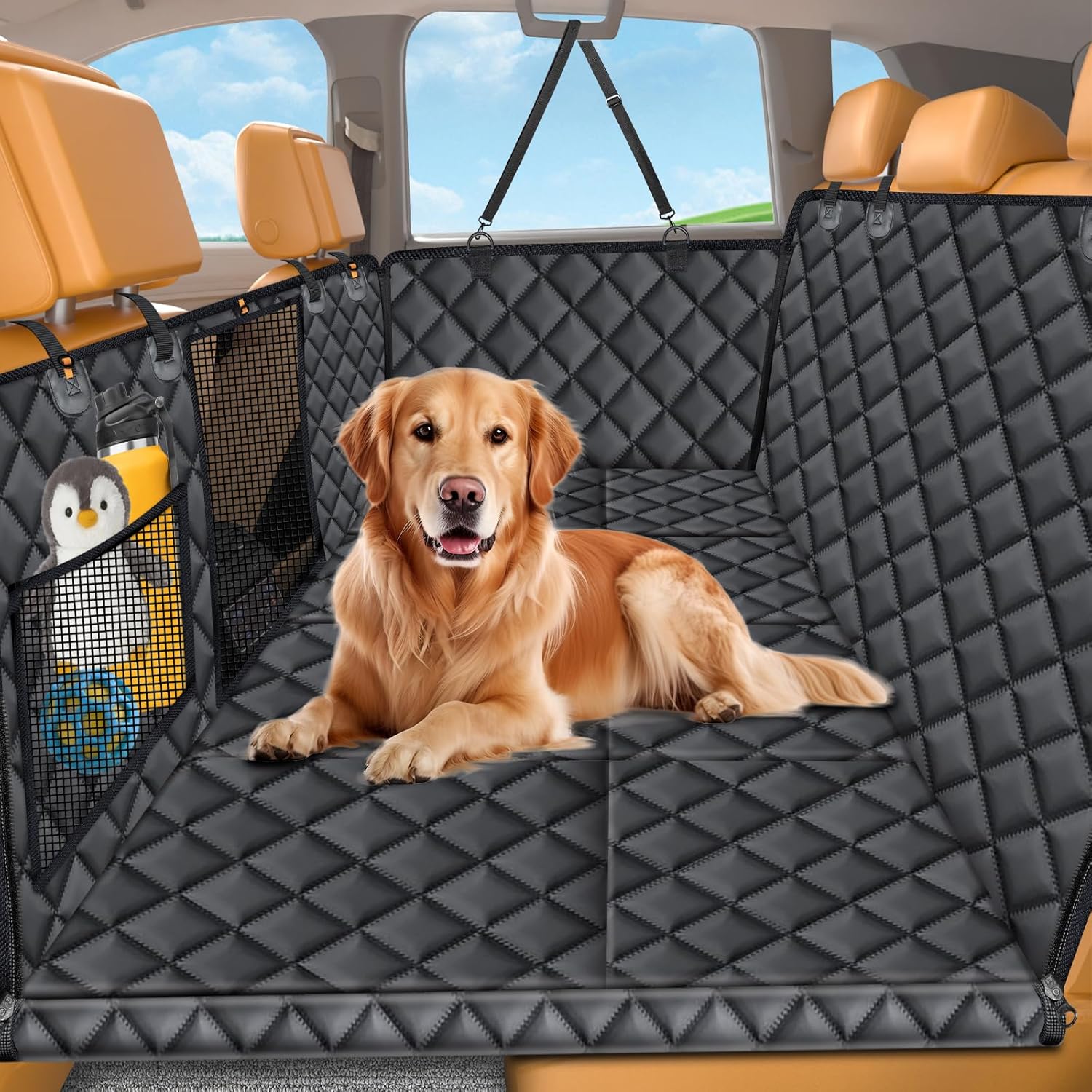 URPOWER Backseat Extender for Dogs - Hard Bottom Dog Car Seat Cover for Back Seat, Foldable Dog Hammock for Car, SUV, and Truck, Pet Rear Seat Protector Dogs Travel Bed with Mesh Window & Side Flaps