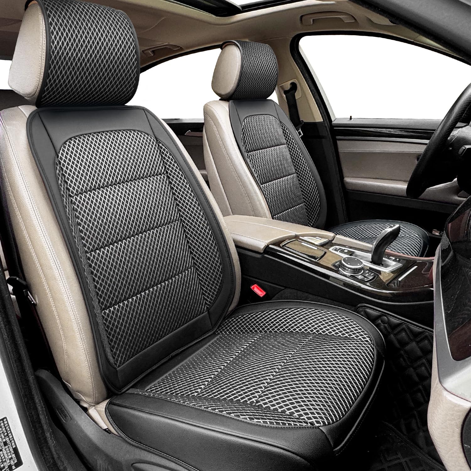 2 Pack Ventilated Cooling Car Seat Covers for Summer, 3D Air Mesh Breathable Leather Front Seat Protectors with Storage Pocket, Universal Fit Non-Slip Seat Cushion for Car Truck SUV(Black)