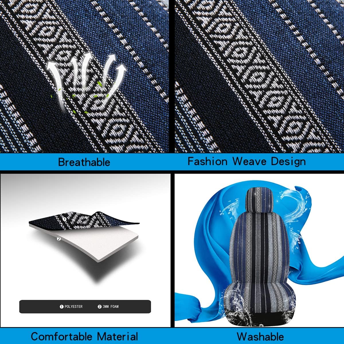 PONYJOYUP Baja Saddle Blanket Car Seat Covers 9PCS Full Set, Breathable and Washable Striped Woven Automotive Vehicle Seat Cover, Universal Seat Cover for Sedan, SUV, Truck, Airbag Compatible