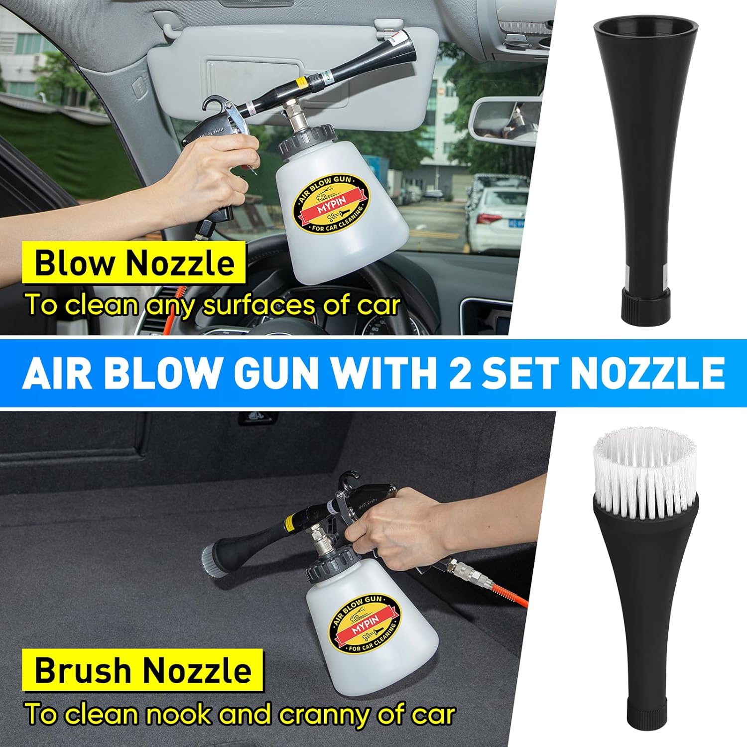 MYPIN Car Cleaning Gun Kit, 6-9.2Bar, High Pressure Air Blow Gun with 2 Set Nozzle, Interior Car Cleaning for Vehicle Upholstery Carpet Seat