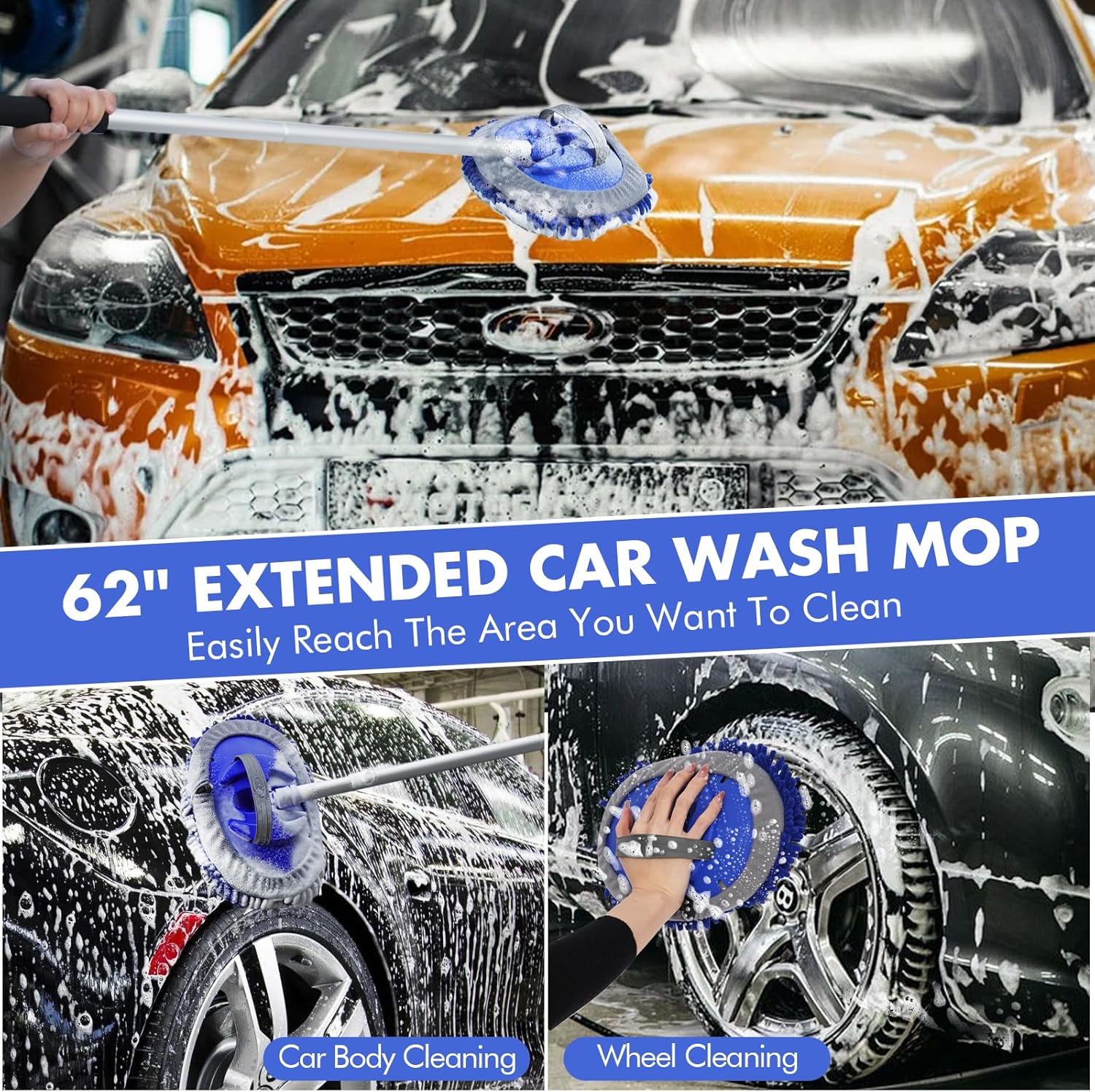 62'' Car Wash Brush with Long Handle, Scratch-Free Car Wash Mop Kit with Wheel Tire Brush, Wash Mitt Towel, Windshield Squeegee, Car Cleaning Brush Kit for Cars RV Truck Boat