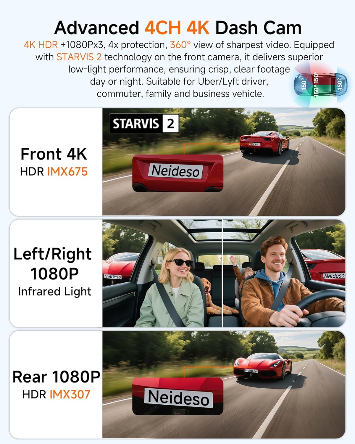 Dash Cam 4K 4 Channel, STARVIS 2 IMX675 Sensor AI Dashcam with Driver Monitor System, 4K+1080P*3 Car Camera, 360° Dash Camera 5G WiFi GPS, 128GB SD Card Night Vision 24H Parking Mode, N900-4CH