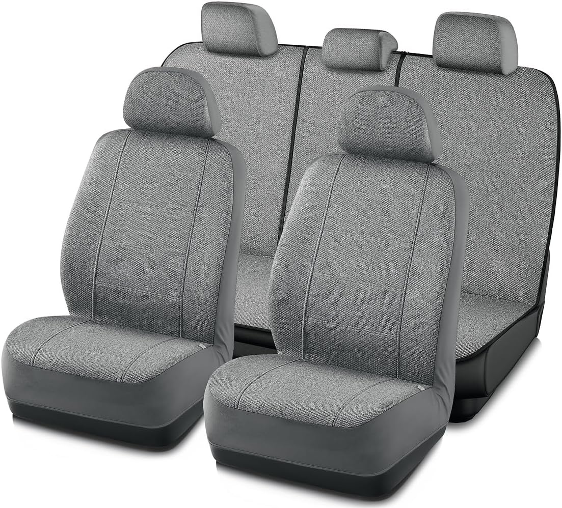 Road Comforts Full Set Car Seat Covers Front Rear Seat Cover Low Back, Flax Seat Protector, Airbag Compatible, Universal Fits for Most Cars, Truck, SUV, Vans Gray