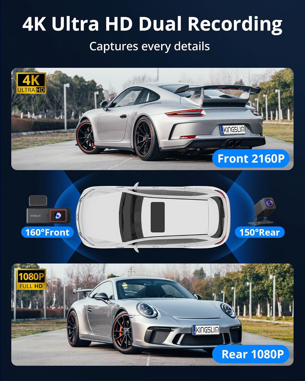 Kingslim 4K Dash Cam Front and Rear, Front 4K Rear 1080P Dual Dash Camera for Cars, Mini Dashcam with 64GB Card, APP Control, Night Vision, G-Sensor, Loop Recording, Parking Mode