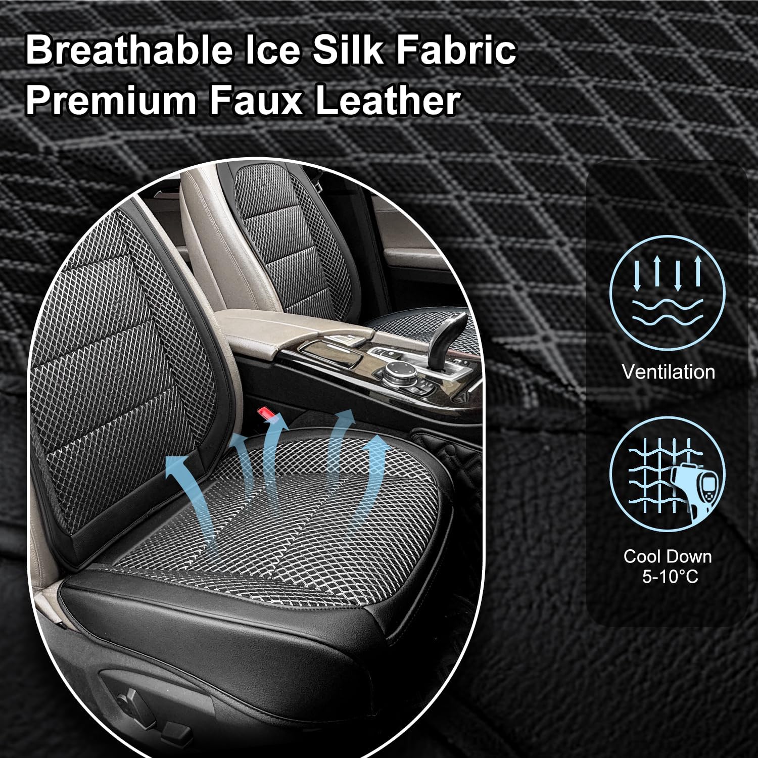 2 Pack Ventilated Cooling Car Seat Covers for Summer, 3D Air Mesh Breathable Leather Front Seat Protectors with Storage Pocket, Universal Fit Non-Slip Seat Cushion for Car Truck SUV(Black)