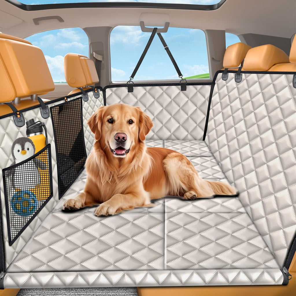 URPOWER Backseat Extender for Dogs - Hard Bottom Dog Car Seat Cover for Back Seat, Foldable Dog Hammock for Car, SUV, and Truck, Pet Rear Seat Protector Dogs Travel Bed with Mesh Window & Side Flaps