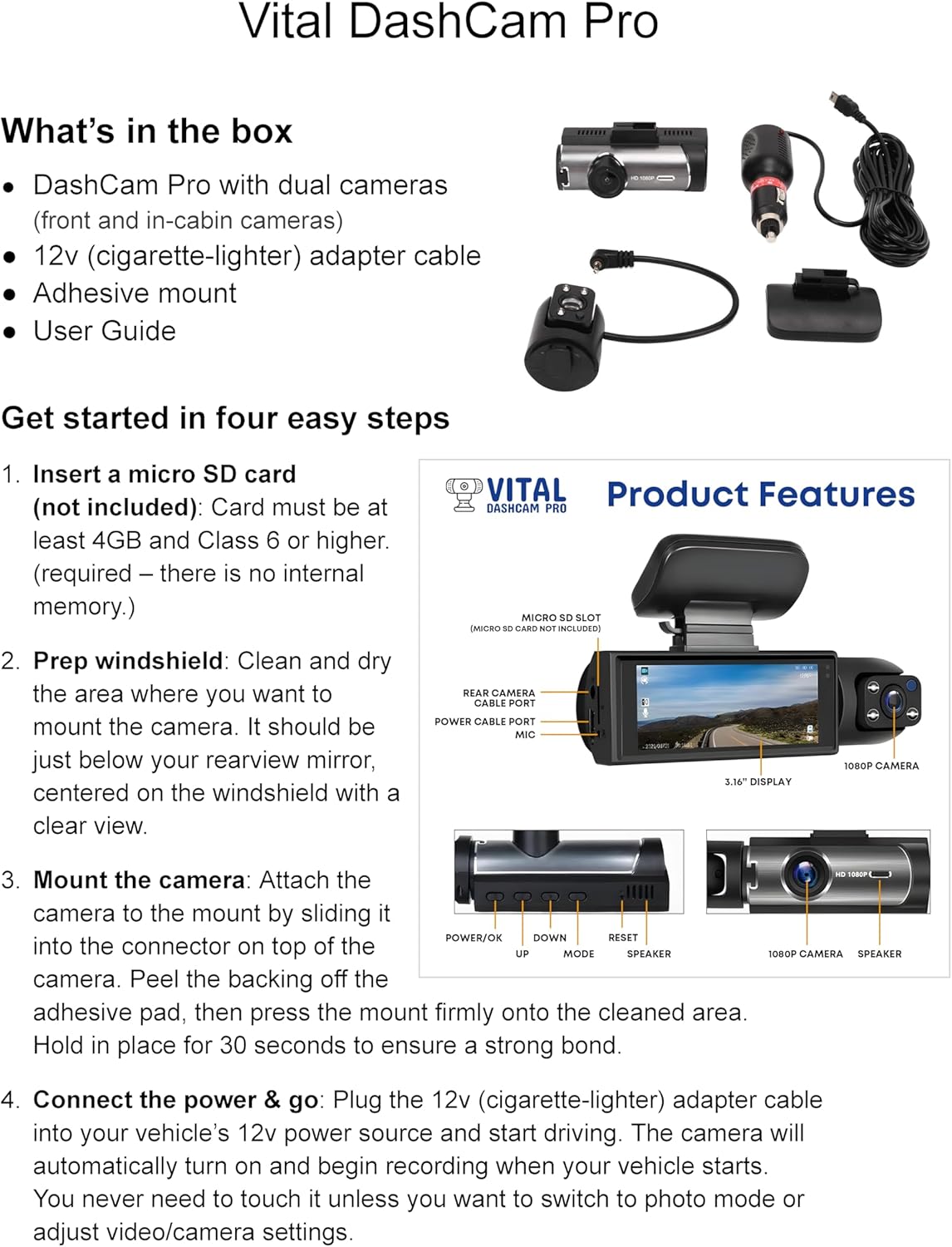 Vital Dashcam Pro 2025 Dash Cam Front and Rear Camera for Cars Dual Car Camera with Night Vision, G-Sensor 24/7 Parking Surveillance, Loop Recording, Wide Angle Easy Setup Vital Dash Cam Pro 2025 FHD