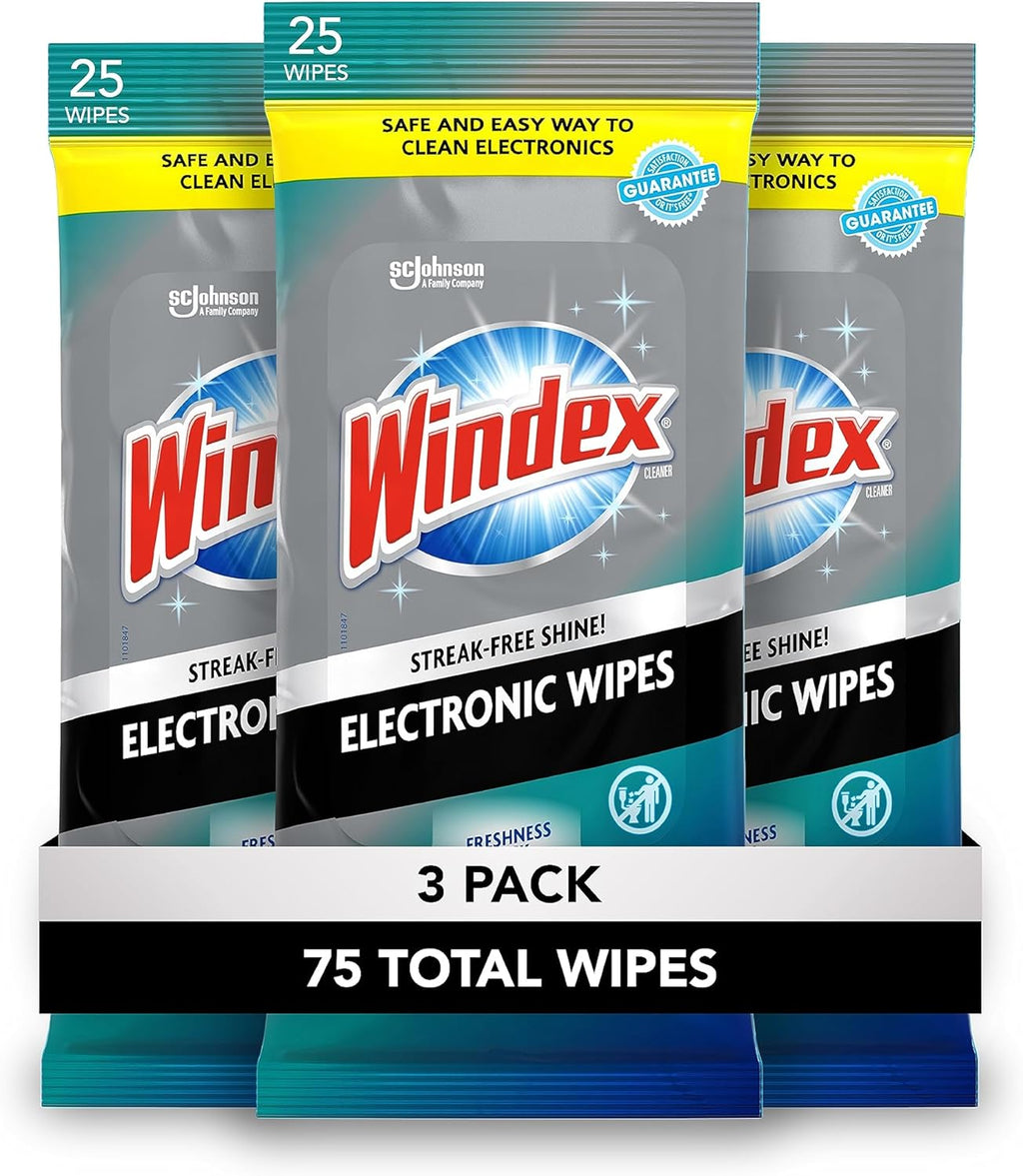 Windex Electronic Cleaning Wipes, Pre-Moistened Screen Wipes for TVs, Phones, and Other Electronics, Resealable for a Freshness Lock, 25 Count