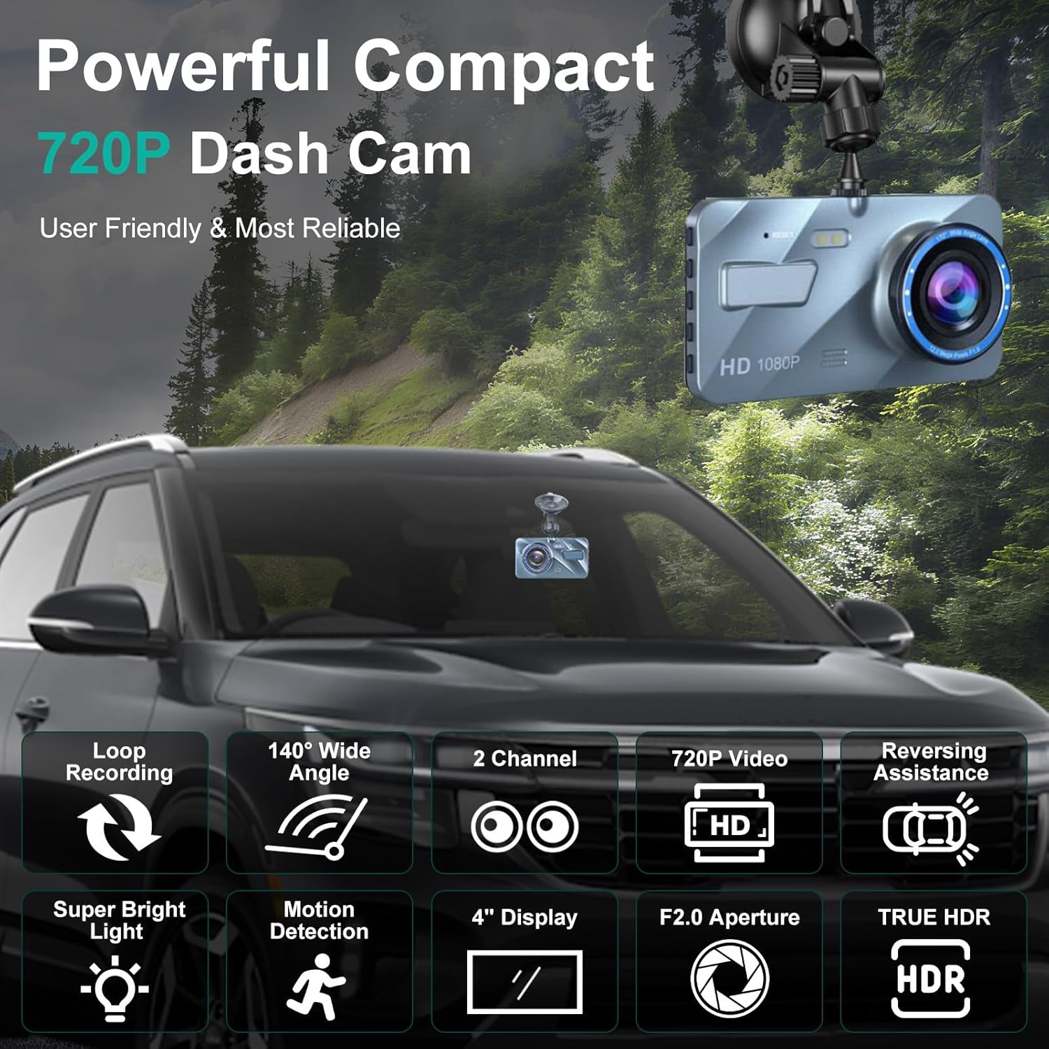 Dash Cam Front and Rear, 720P FHD Dual Dash Cam Front Rear Car DVR Dash Camera with 4-inch HD Display, Car Dashcam Video Recorder with Night Vision,G-Sensor,Loop Recording,HDR Motion Detection