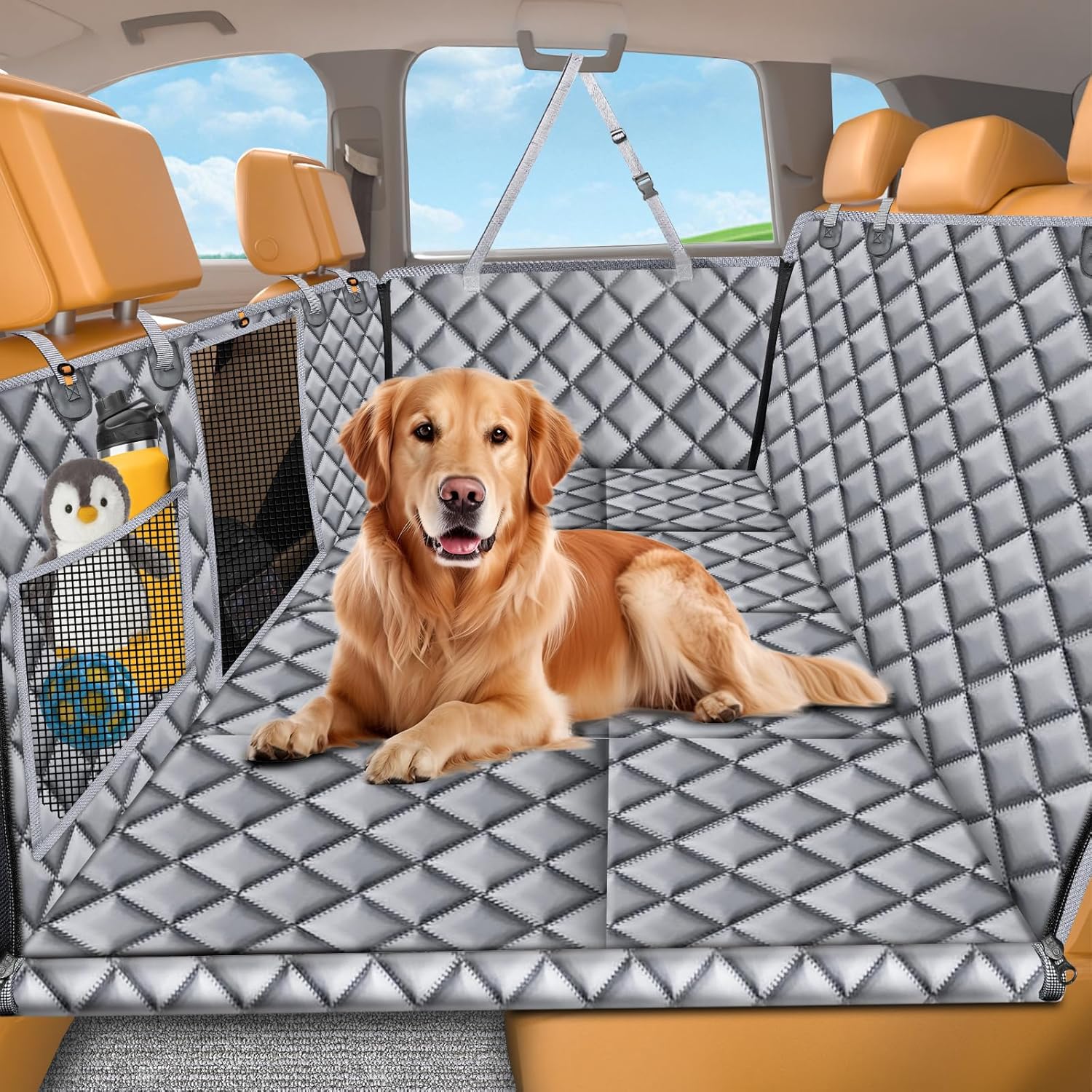 URPOWER Backseat Extender for Dogs - Hard Bottom Dog Car Seat Cover for Back Seat, Foldable Dog Hammock for Car, SUV, and Truck, Pet Rear Seat Protector Dogs Travel Bed with Mesh Window & Side Flaps