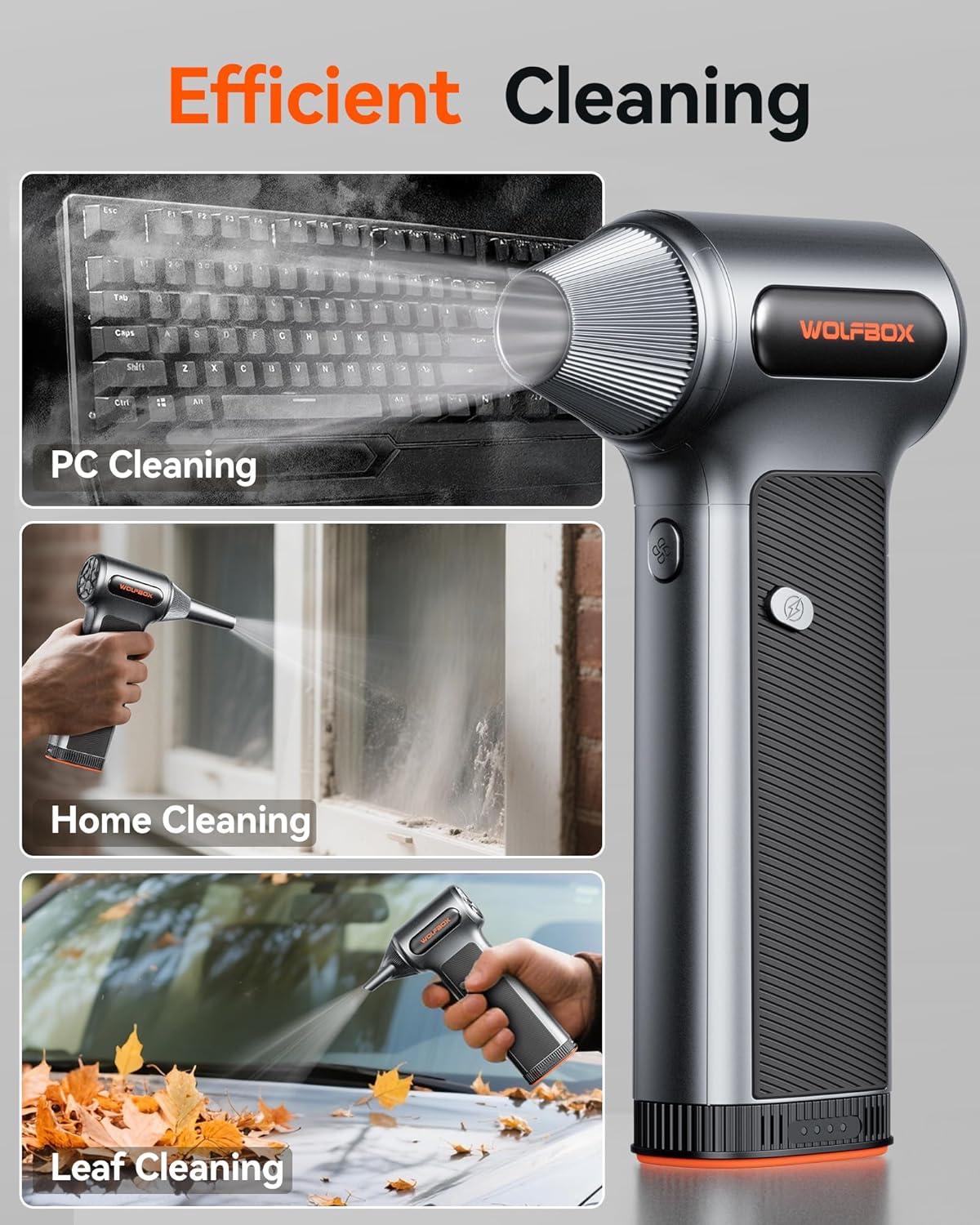 WOLFBOX MF200 Electric Air Duster with Removable Battery & 4 Nozzles, Cordless 3-Speed Adjustable Mini Blower for Computer Keyboard, Car Cleaning, Home, and Outdoor Use