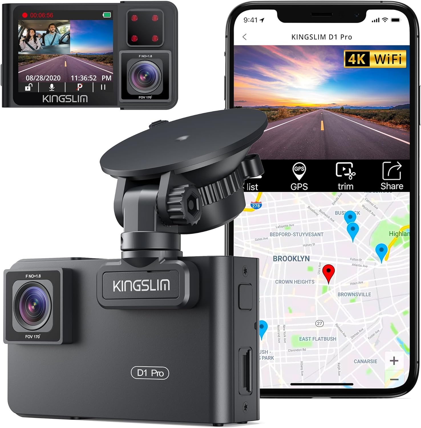 Kingslim D1 pro Dual Dash Cam 4K Record Inside - Front and Inside Dash Camera GPS WiFi for Cars Uber Truck, Dashcam with Infrared Night Vision, G-Sensor, Loop Recording(Upgraded Version)