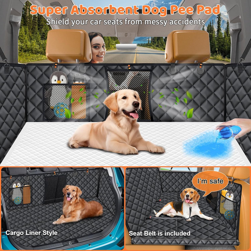 URPOWER Back Seat Extender for Dogs - Hard Bottom Dog Car Seat Cover with 1PC Leak-Proof Pee Pad, Foldable Dog Hammock for Car, SUV, and Truck, Pet Rear Seat Protector Dogs Travel Bed with Mesh Window