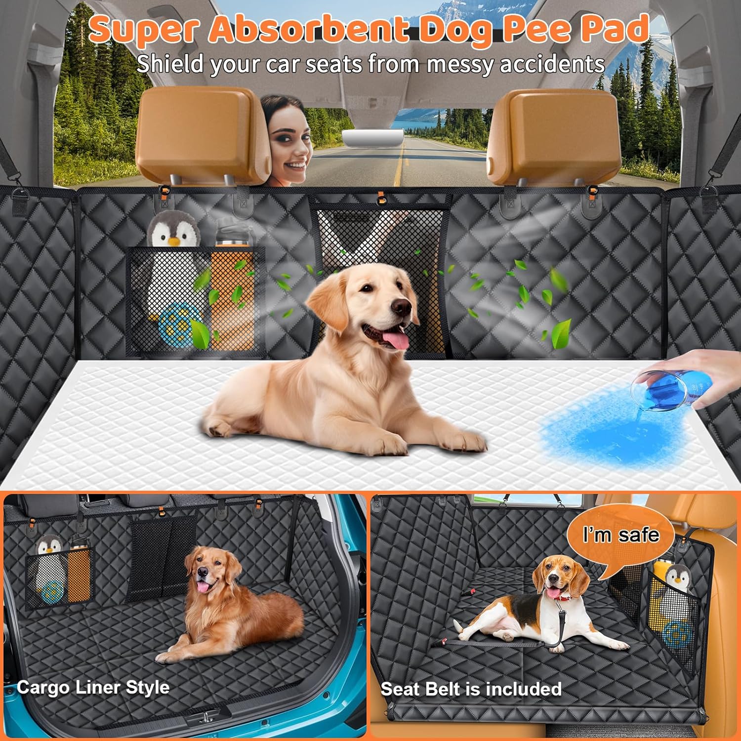 URPOWER Back Seat Extender for Dogs - Hard Bottom Dog Car Seat Cover with 1PC Leak-Proof Pee Pad, Foldable Dog Hammock for Car, SUV, and Truck, Pet Rear Seat Protector Dogs Travel Bed with Mesh Window